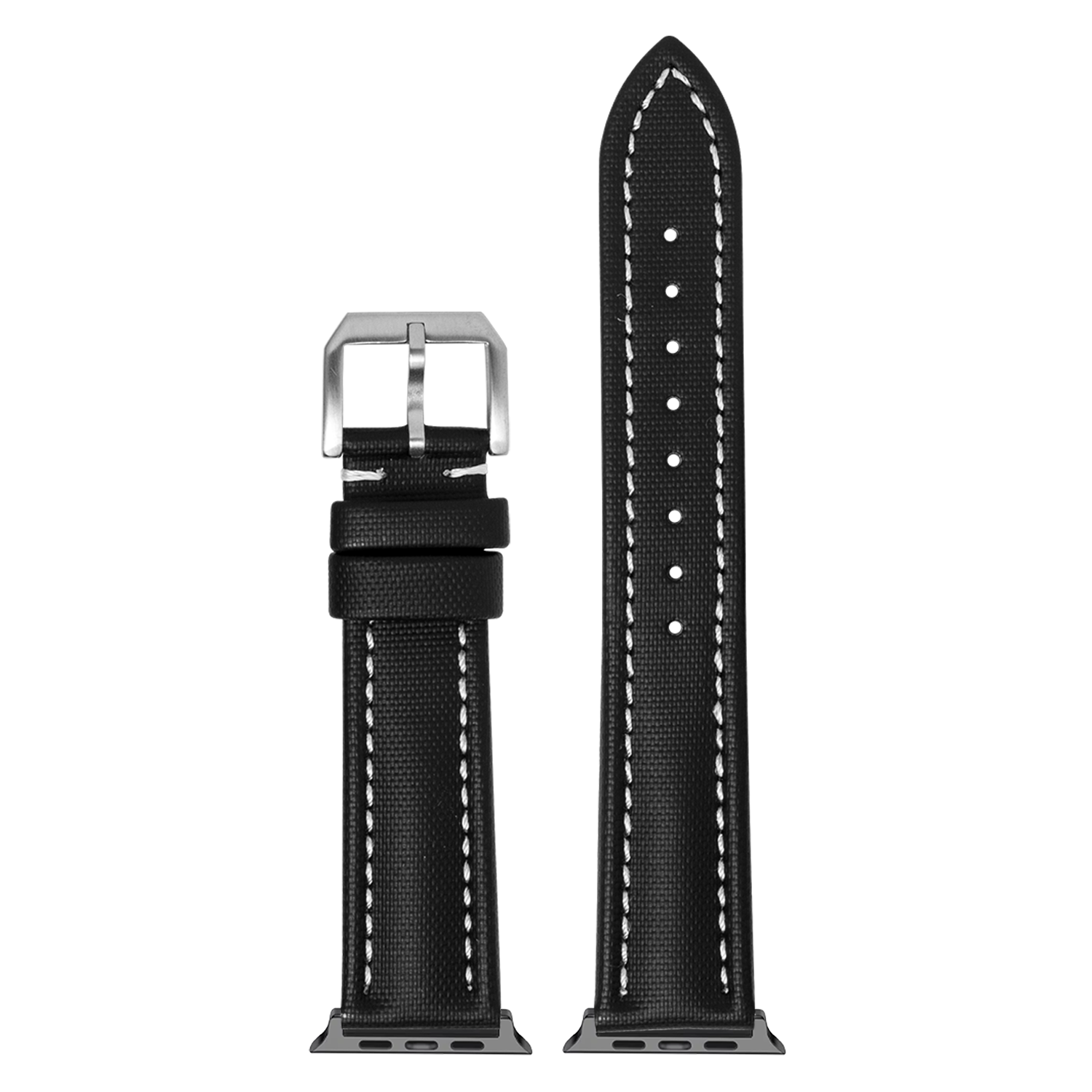 Black sailcloth Apple Watch band with white stitching and silver buckle connector