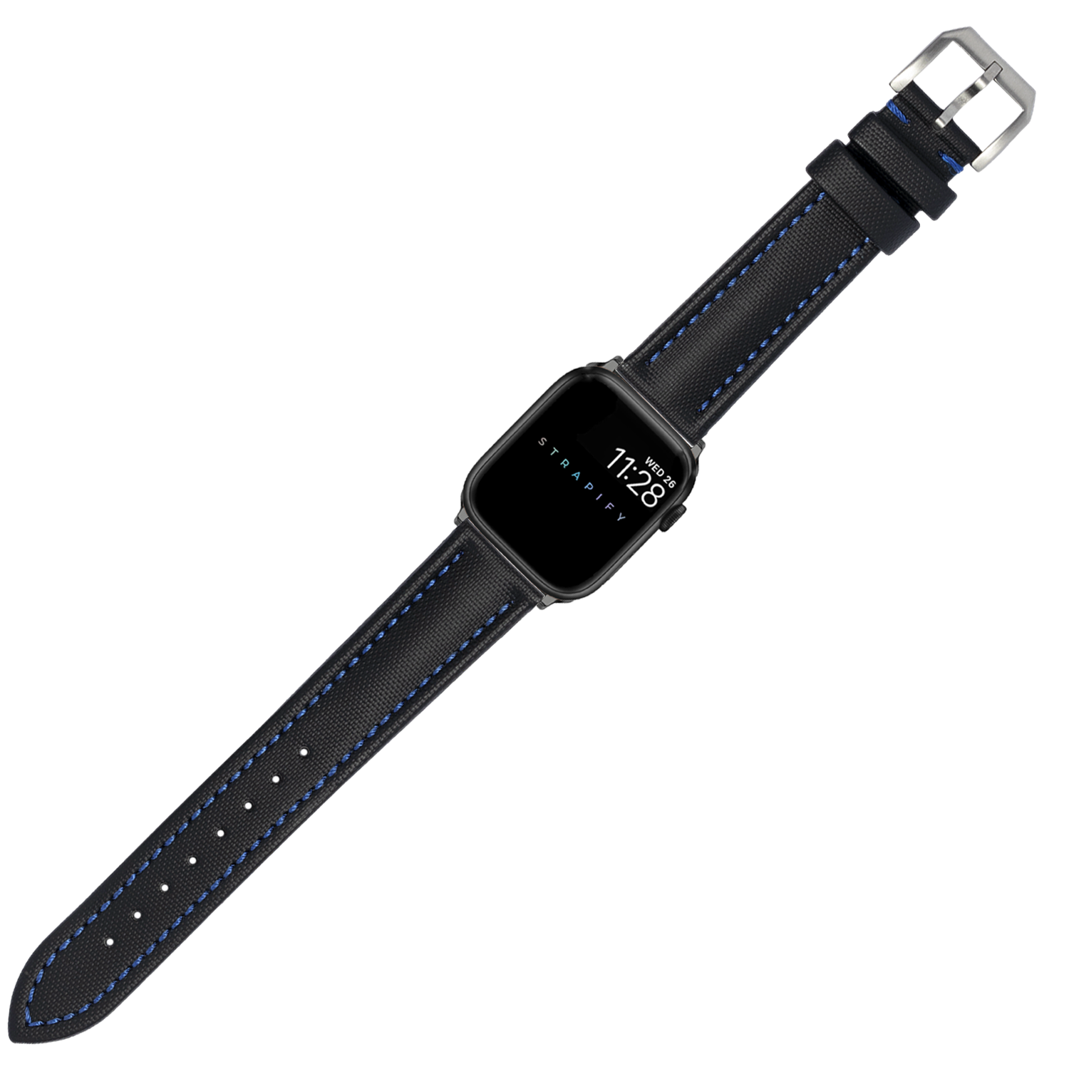 Black sailcloth Apple Watch band with navy blue stitching and stainless steel buckle