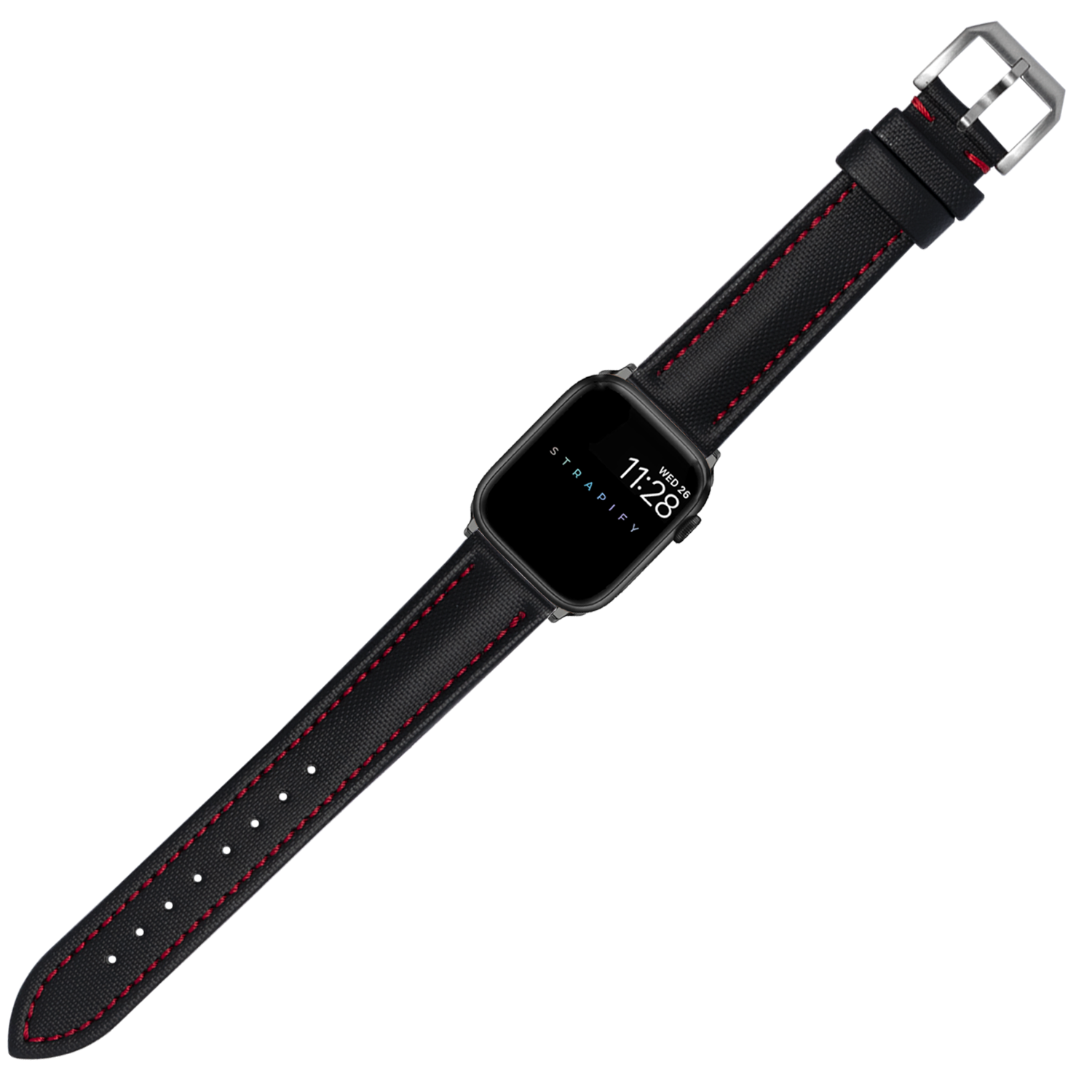 Black sailcloth Apple Watch band with red stitching and silver buckle on smartwatch display