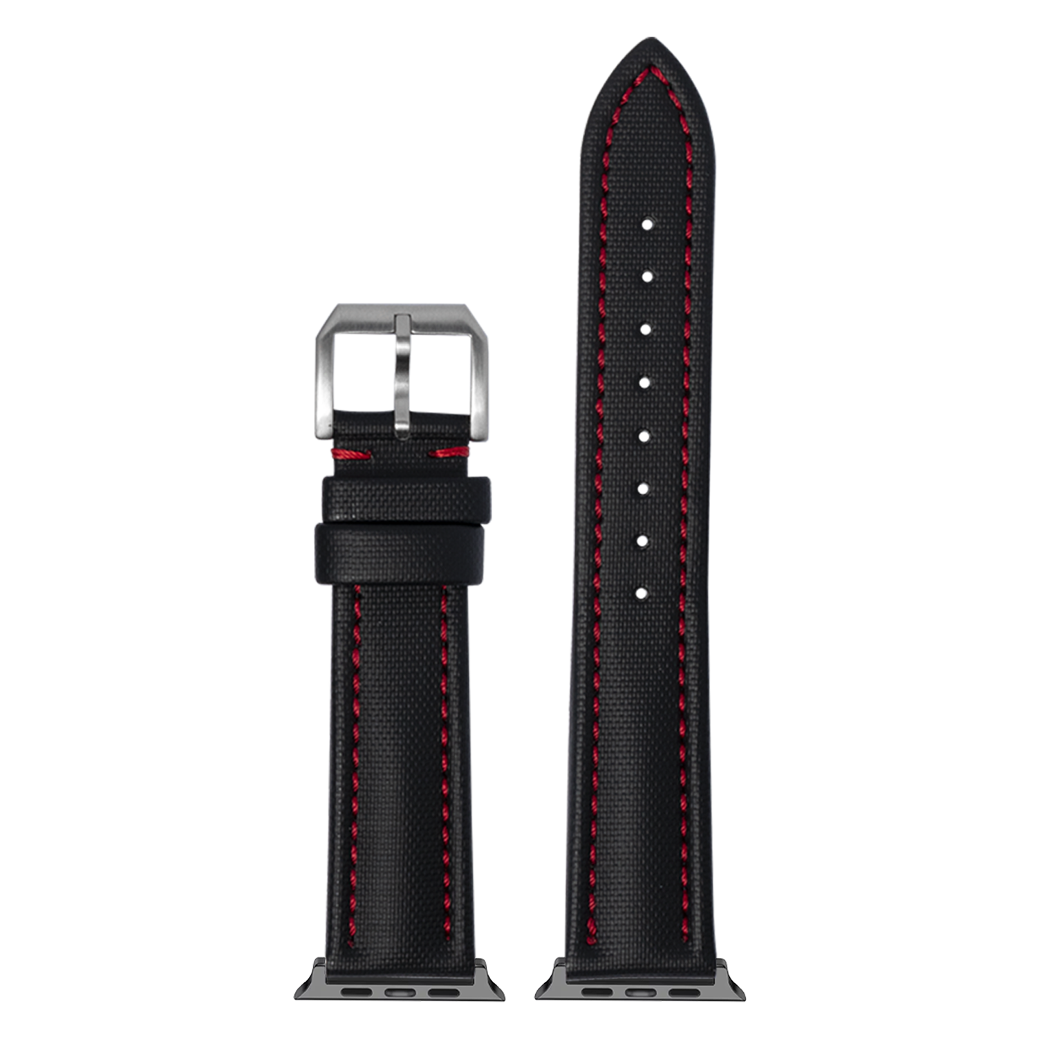 Black sailcloth Apple Watch band with red stitching, silver buckle, and connector compatible with Apple Watch