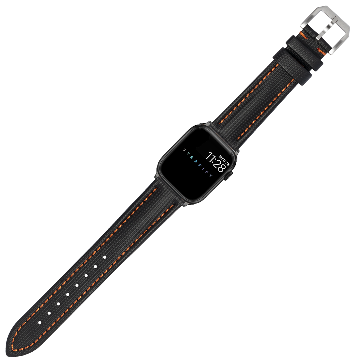 Black sailcloth Apple Watch band with orange stitching and silver buckle