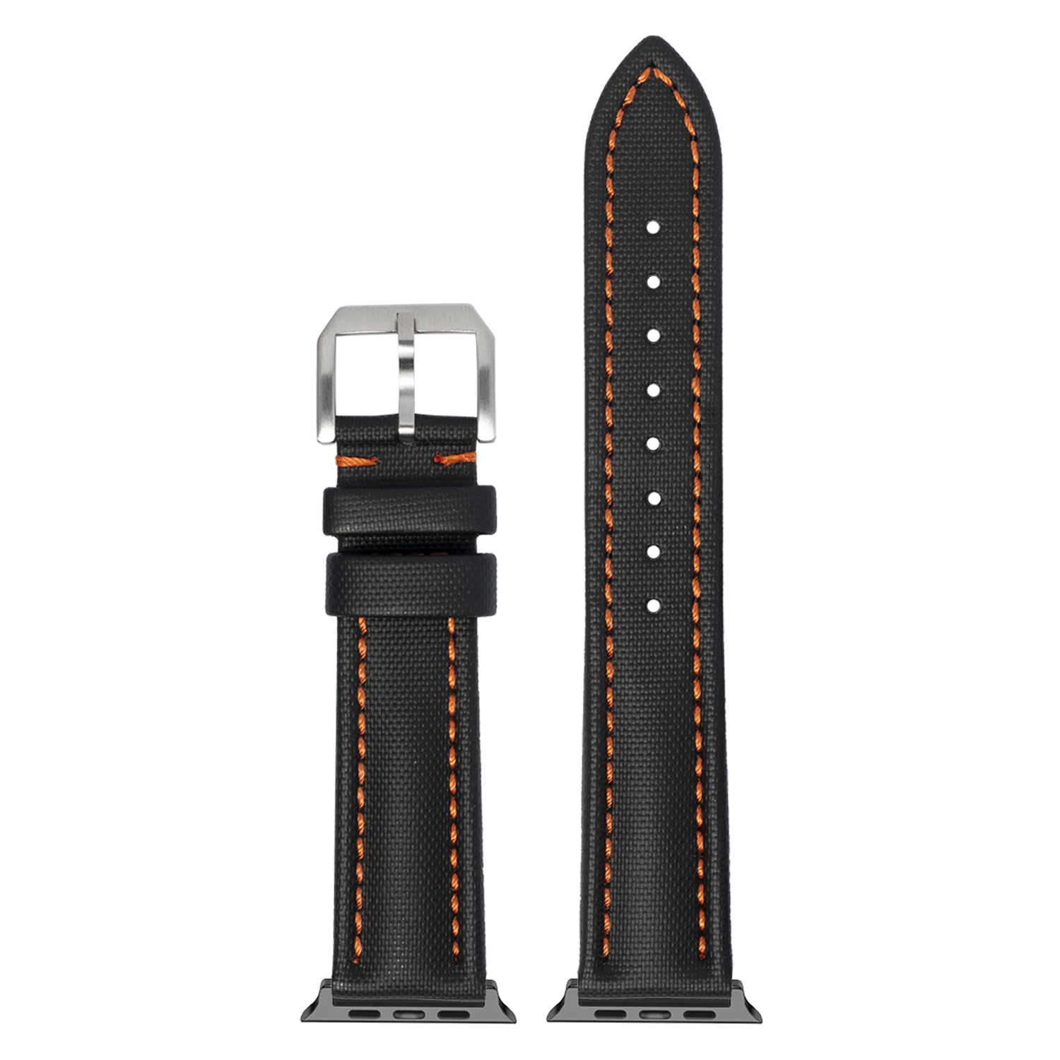 Black sailcloth Apple Watch band with orange stitching, stainless steel buckle, and adapter connectors shown detached and assembled