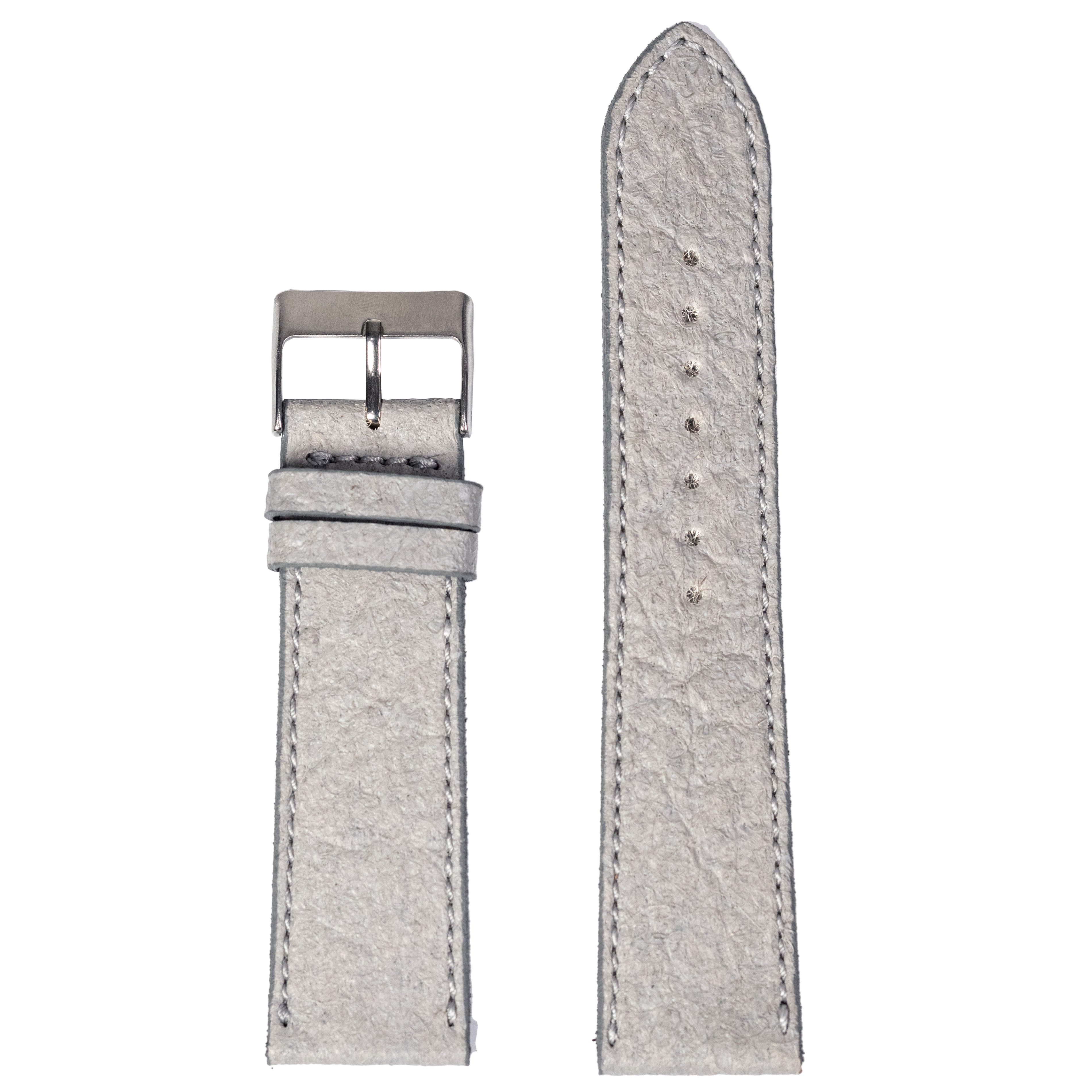 Grey vegan leather watch strap with silver buckle and contrast stitching