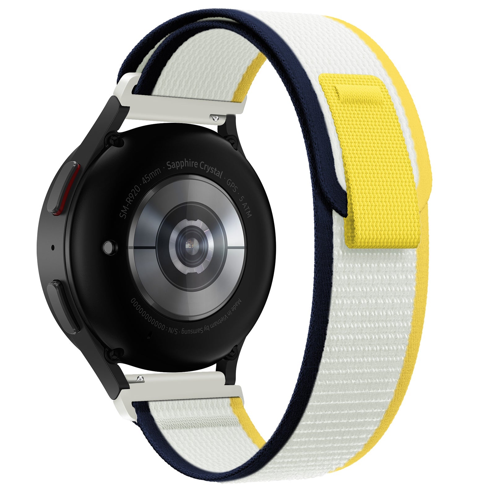Black smartwatch with yellow and white striped Quick Release Trail Loop band, sapphire crystal display, and metal hardware