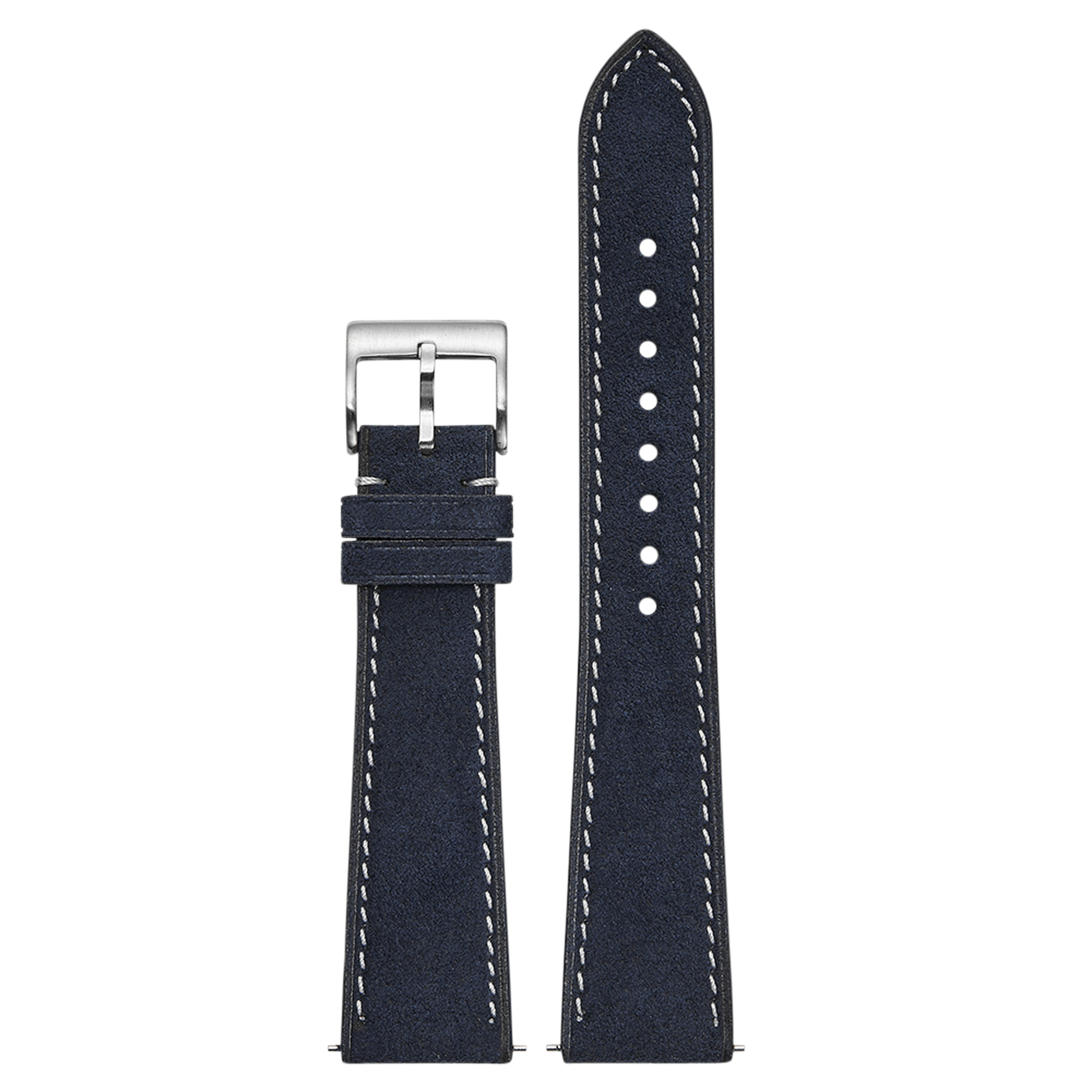 Black alcantara leather watch strap with white stitching, silver buckle, and quick-fit connector pins
