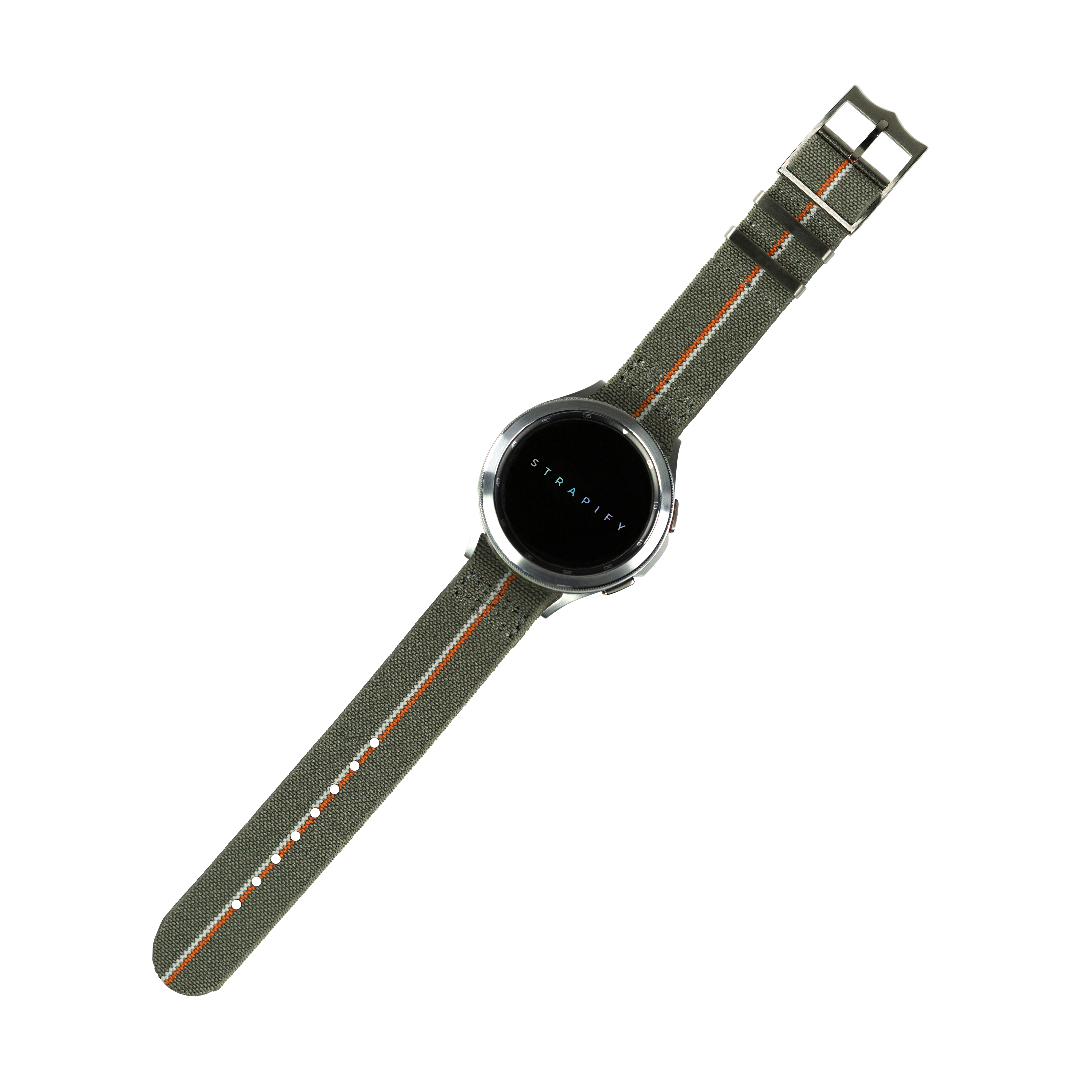 Stradify smartwatch with grey elasticated fabric strap, orange and white stripe detail, and black digital display face