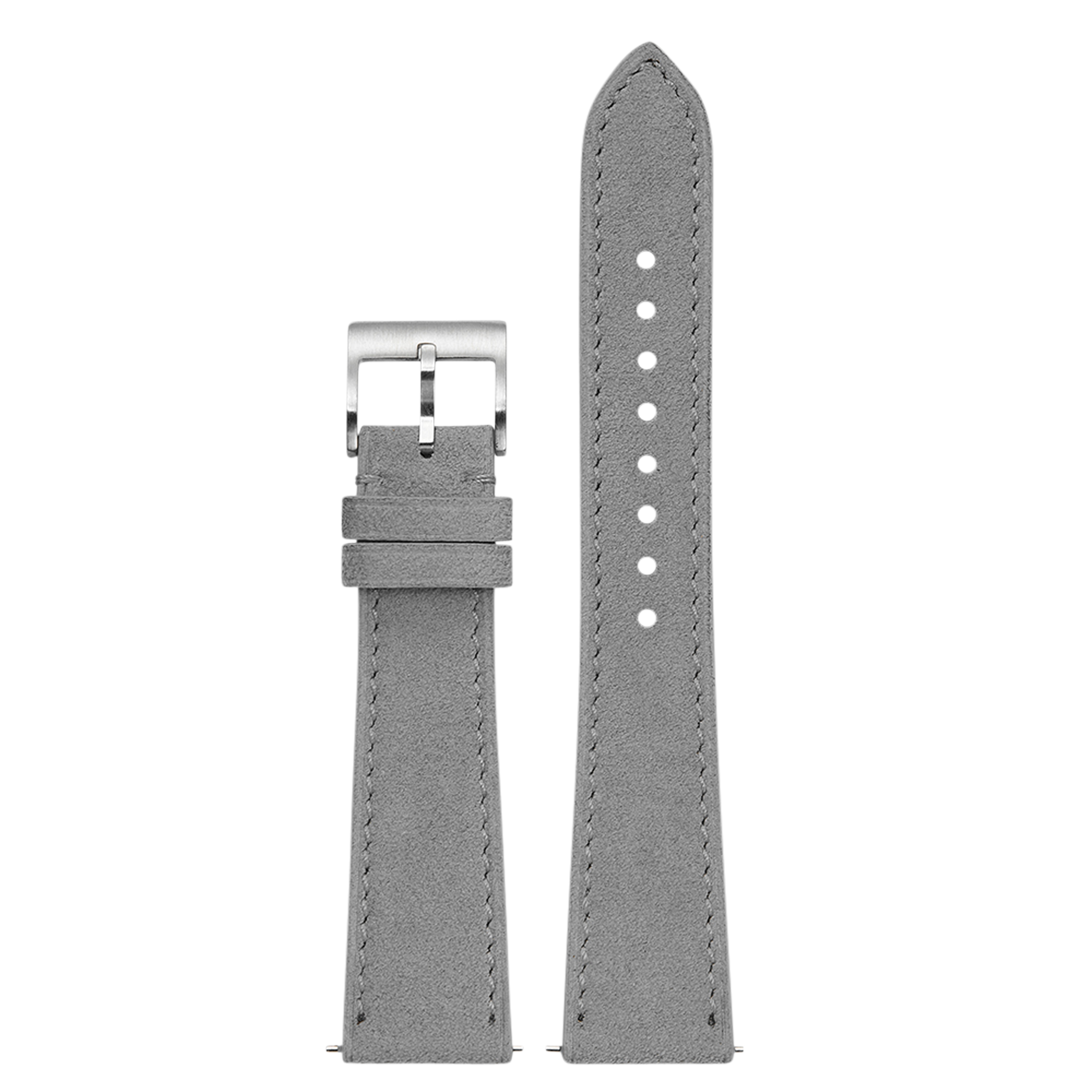 Grey suede leather quick-fit watch band 20mm with silver buckle and white stitching details