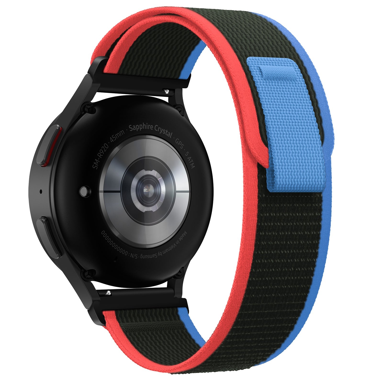 Black smartwatch with sapphire crystal face and red-blue-black quick release trail loop band