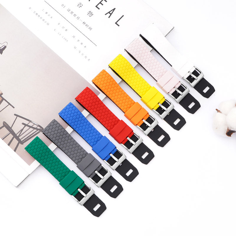 Colorful silicone quick release watch bands in green, gray, blue, red, orange, yellow, and pink with hexagon texture pattern and black buckles