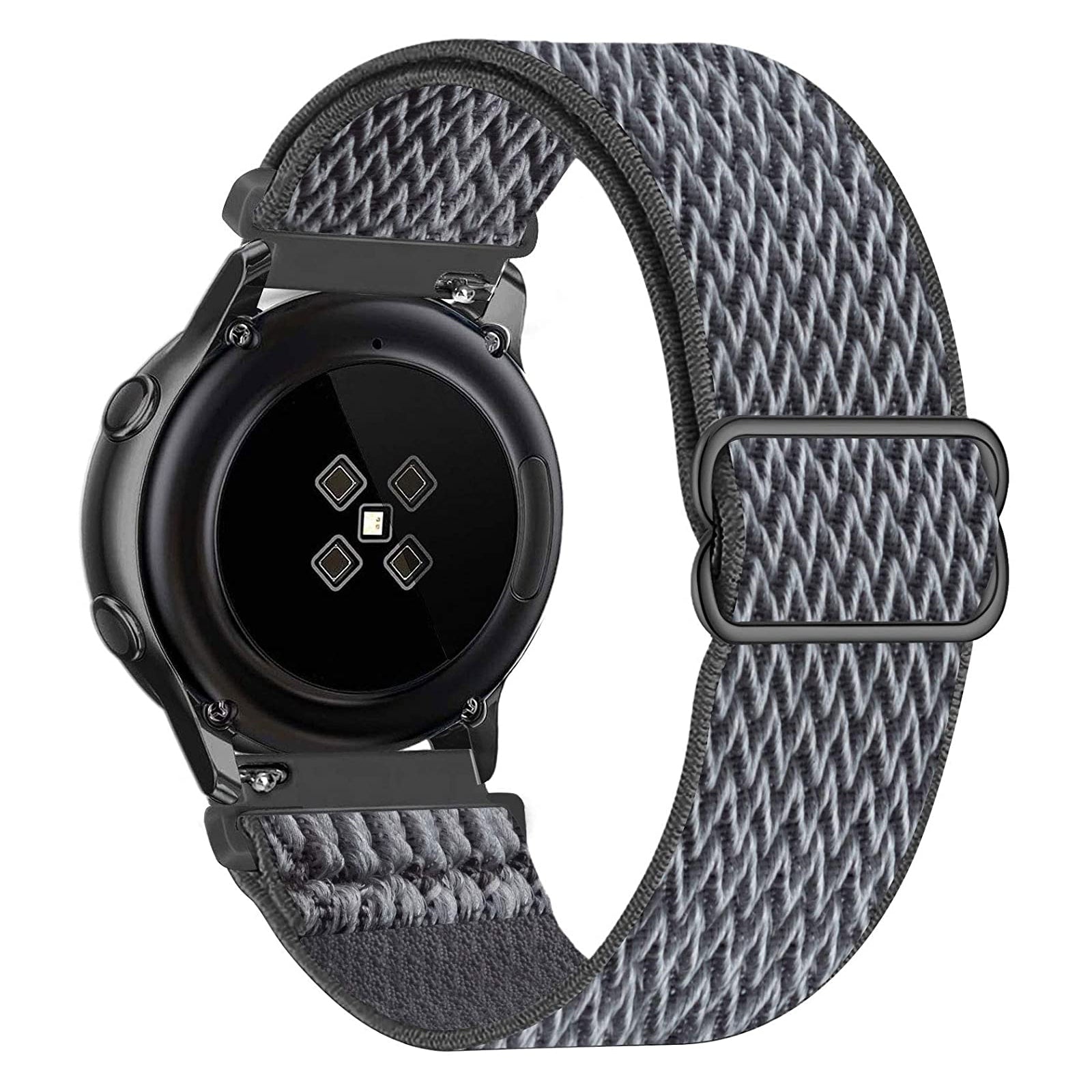 Black smartwatch with woven gray fabric loop band and quick release mechanism