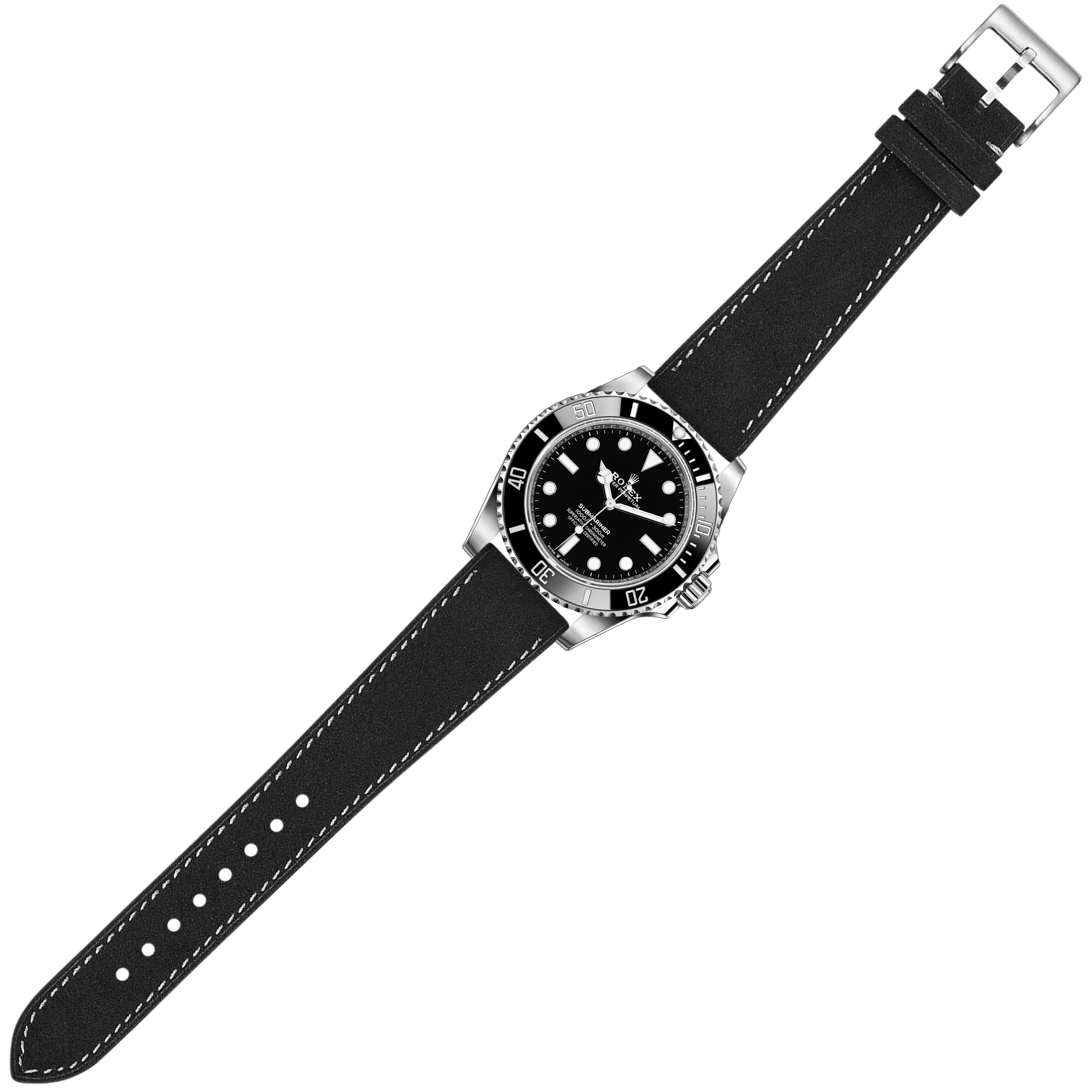 Black Alcantara leather watch strap with white stitching and quick release silver buckle clasp