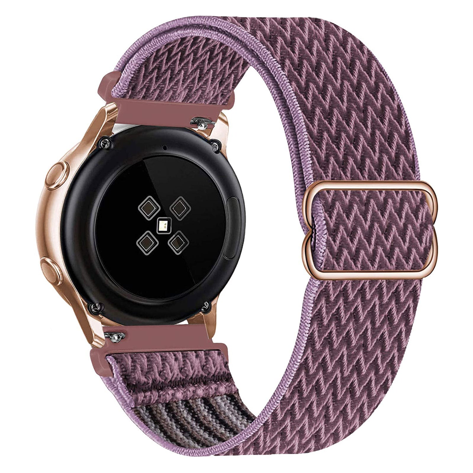 Rose gold smartwatch with woven purple fabric loop band and magnetic closure clasp