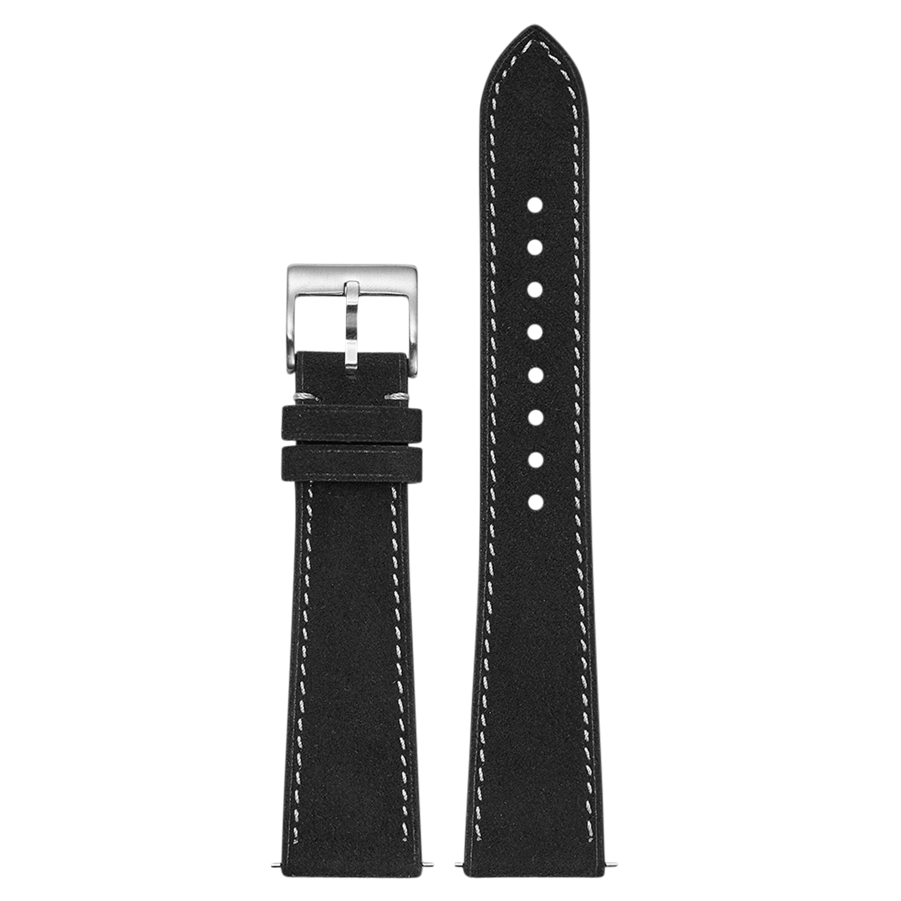 Black Alcantara leather watch strap 20mm with white contrast stitching and silver buckle