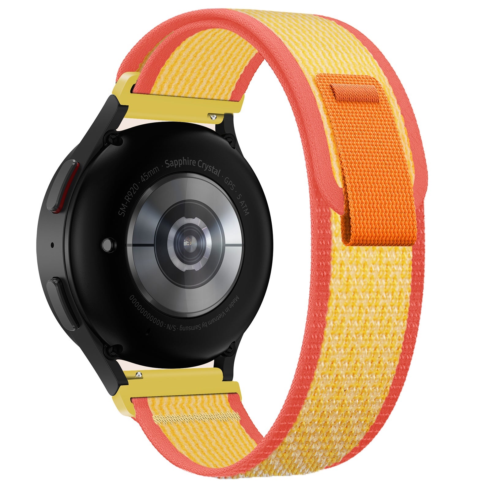 Black smartwatch with sapphire crystal and red-yellow striped fabric quick release trail loop band