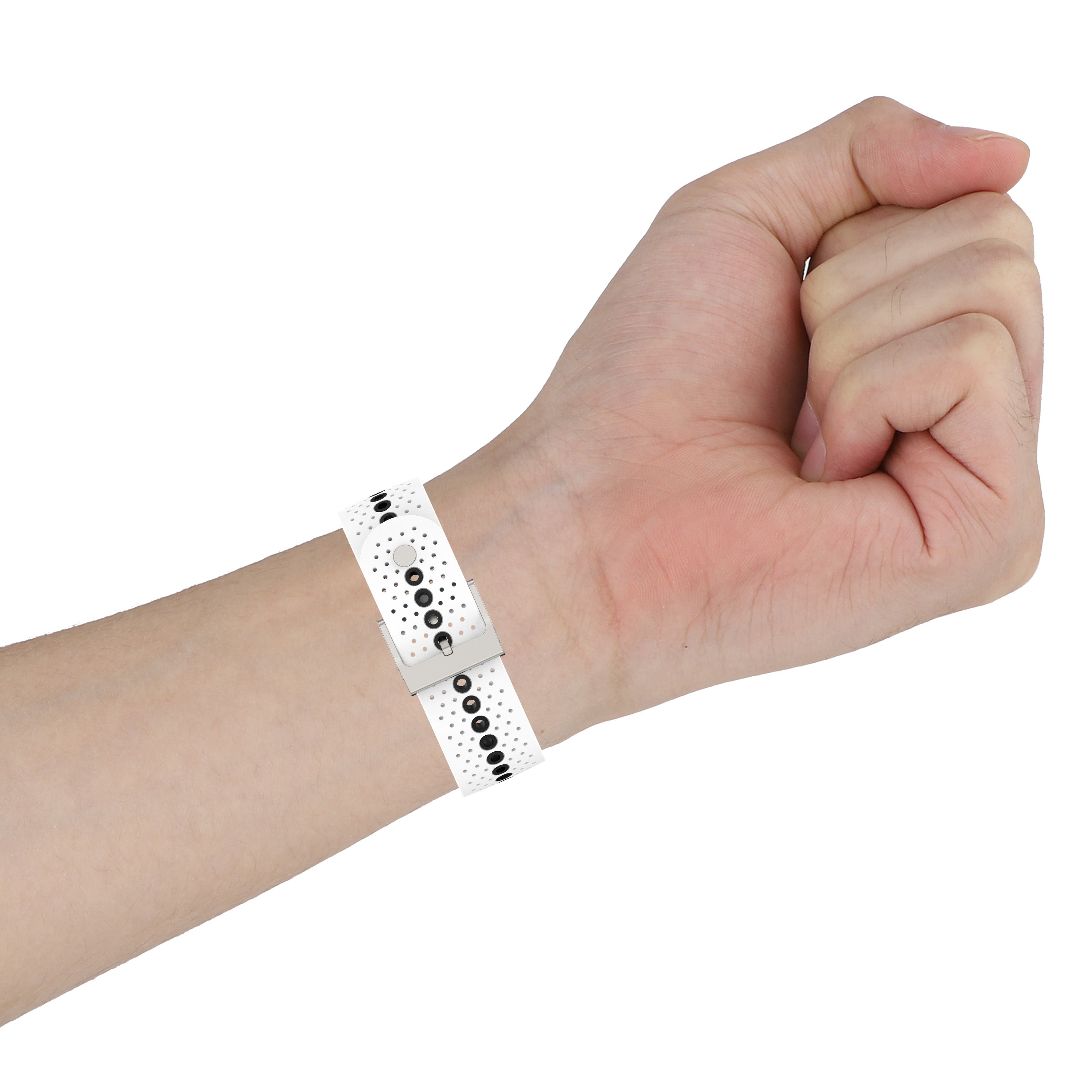 White perforated silicone sports wristband with quick release closure worn on wrist