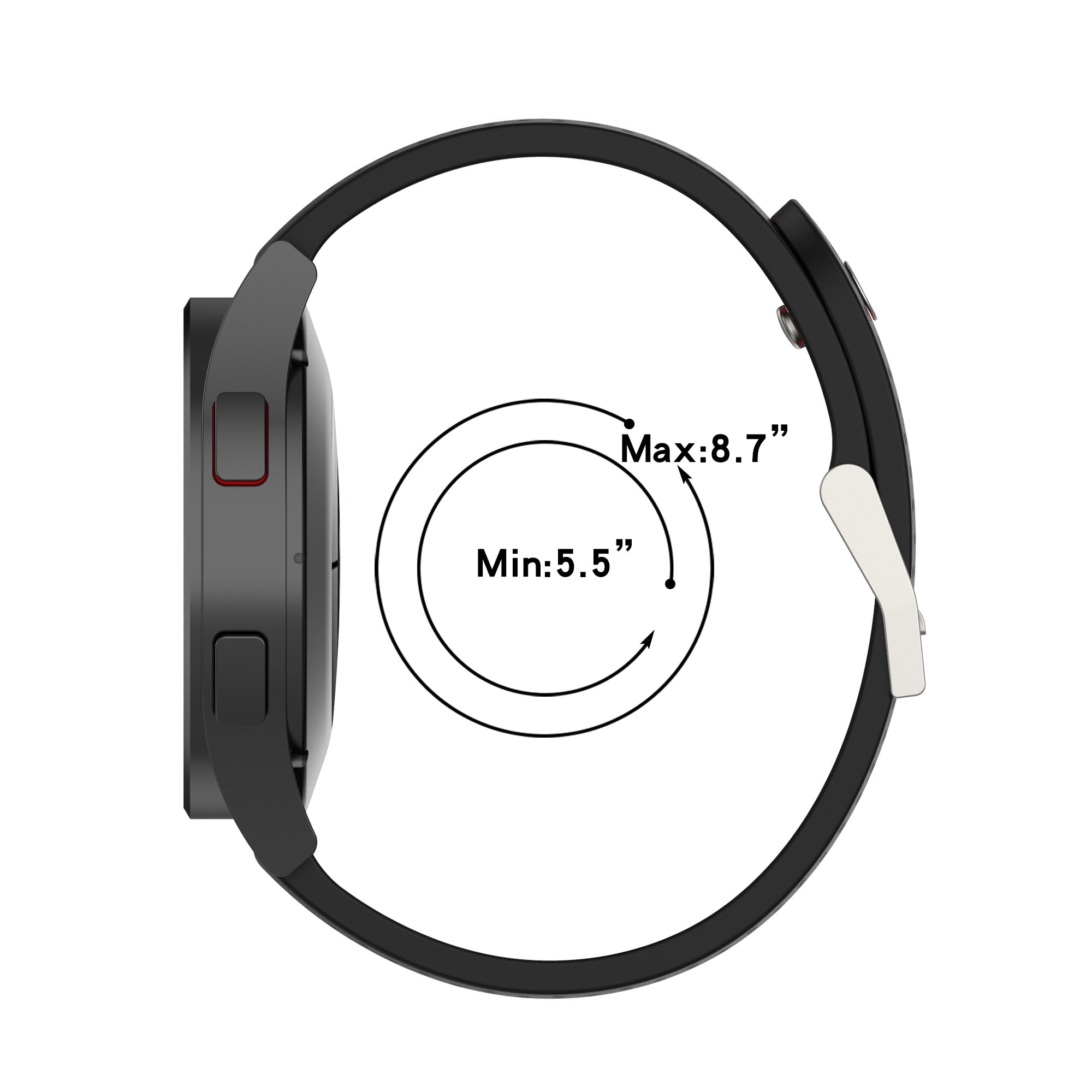 Black silicone sports headband with quick release mechanism, adjustable 5.5-8.7 inches, side view