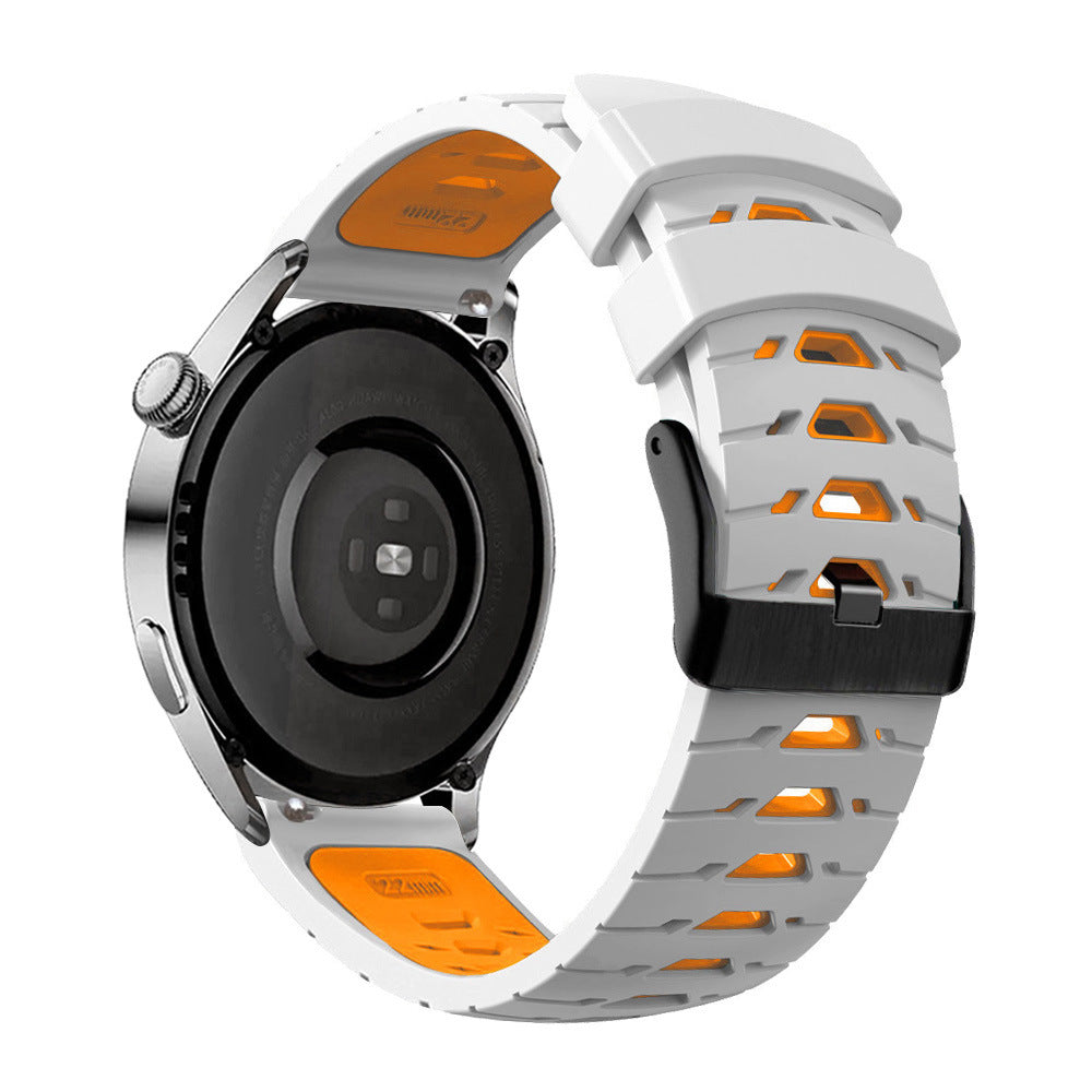 White and gray smartwatch with orange accents and quick-release flexi silicone armour band strap