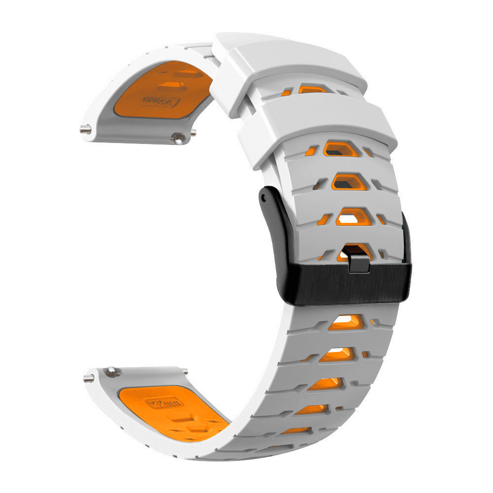 White and orange silicone quick release watch band with armor design and black buckle clasp