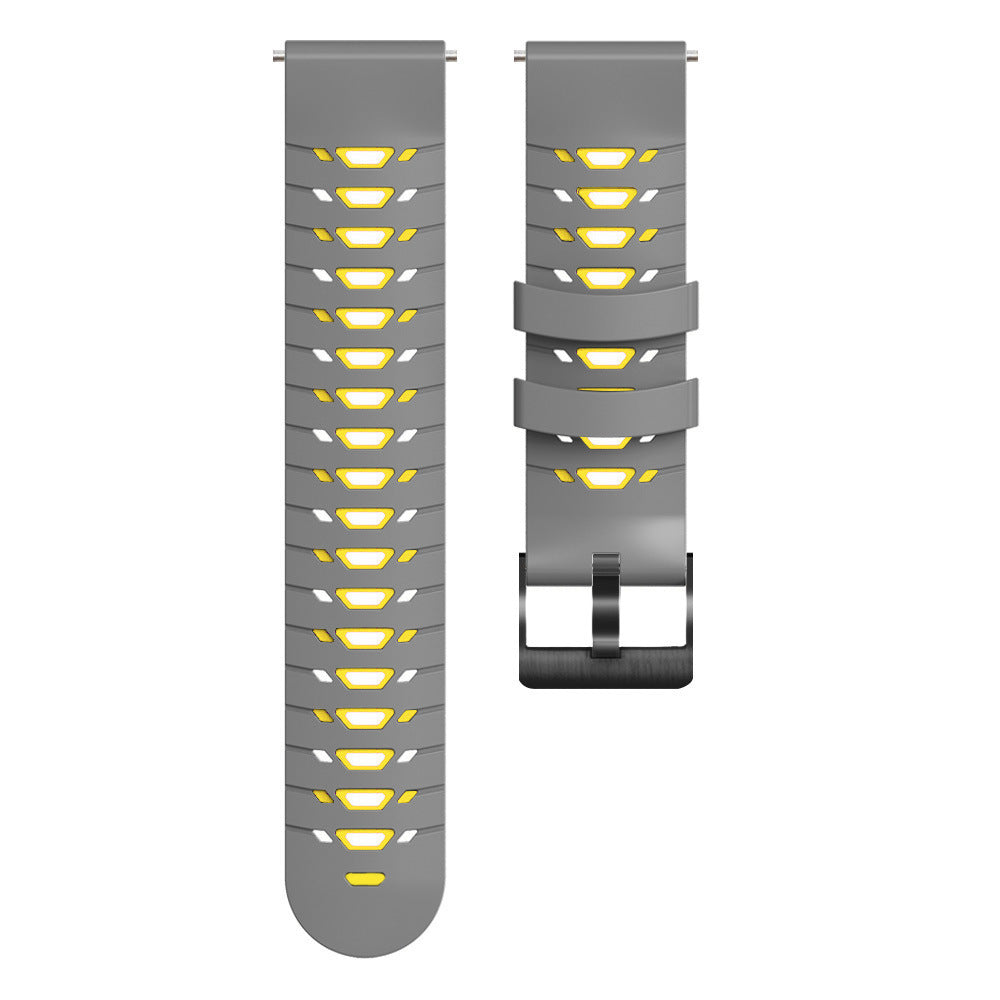 Gray tactical watch band with yellow and white LED lights, quick release buckle system, front and back view