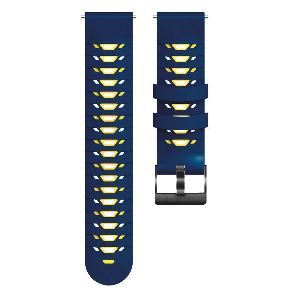 Dark blue silicone watch band with yellow and white geometric pattern and quick release metal clasp