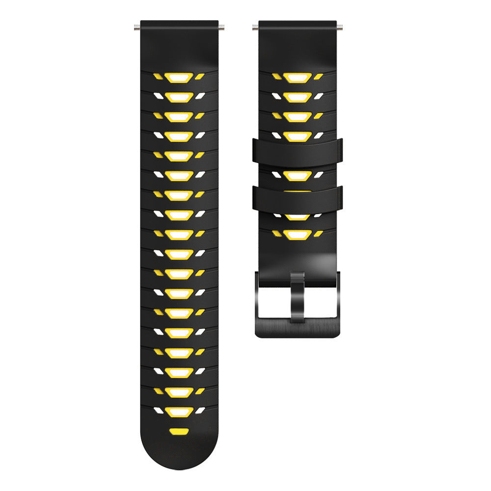 Black silicone watch band with yellow and white geometric armor pattern design and quick release mechanism