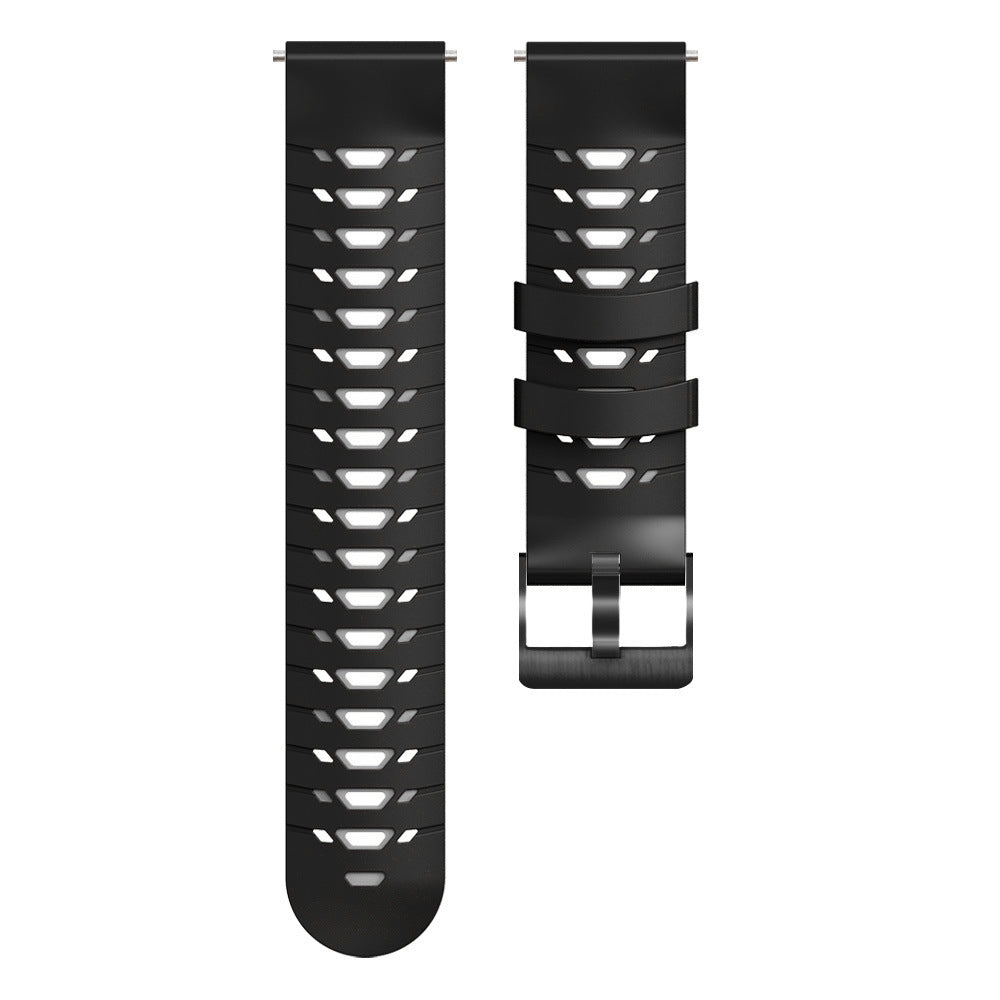 Black silicone smartwatch band with quick release connector and ventilation holes for breathability