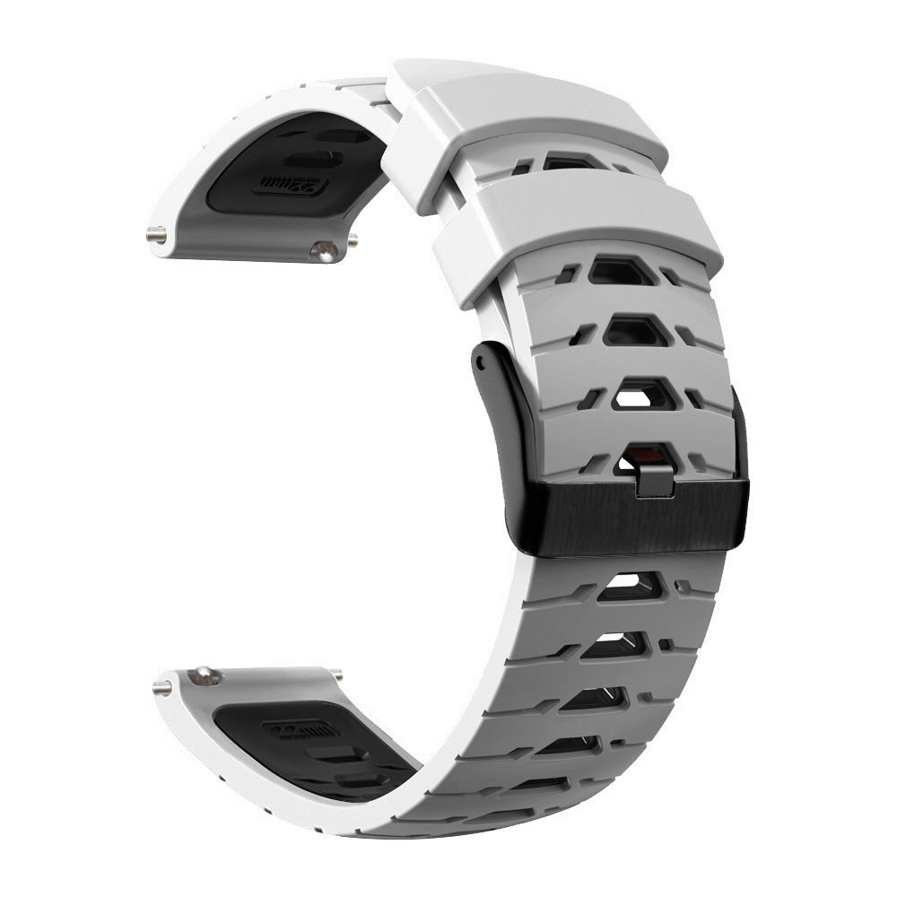 White and gray silicone quick release watch band with ventilation holes and armour-style design, shown assembled and disassembled