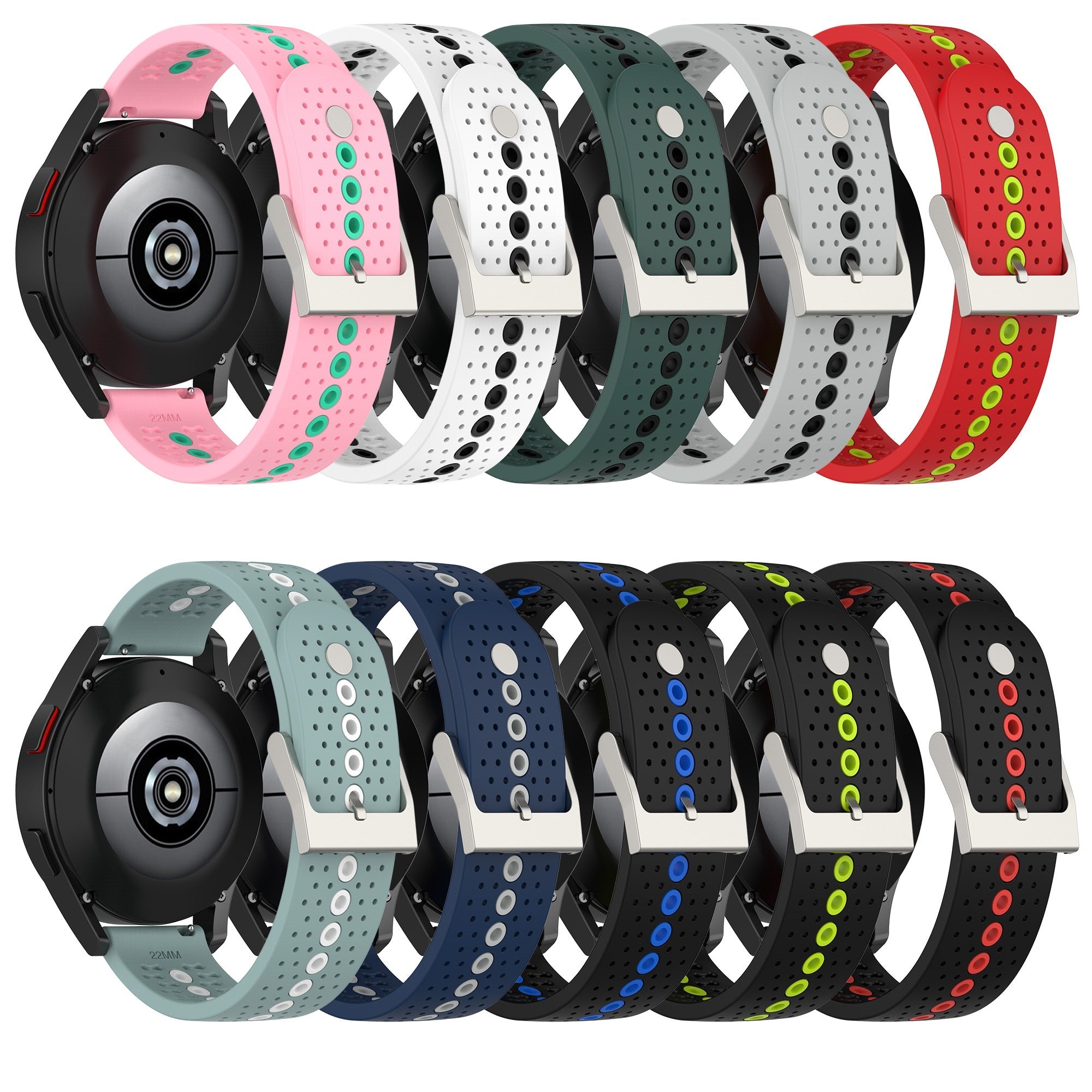 Smartwatch band collection with perforated silicone straps in multiple colors including pink, white, green, red, navy, and black with quick release connectors