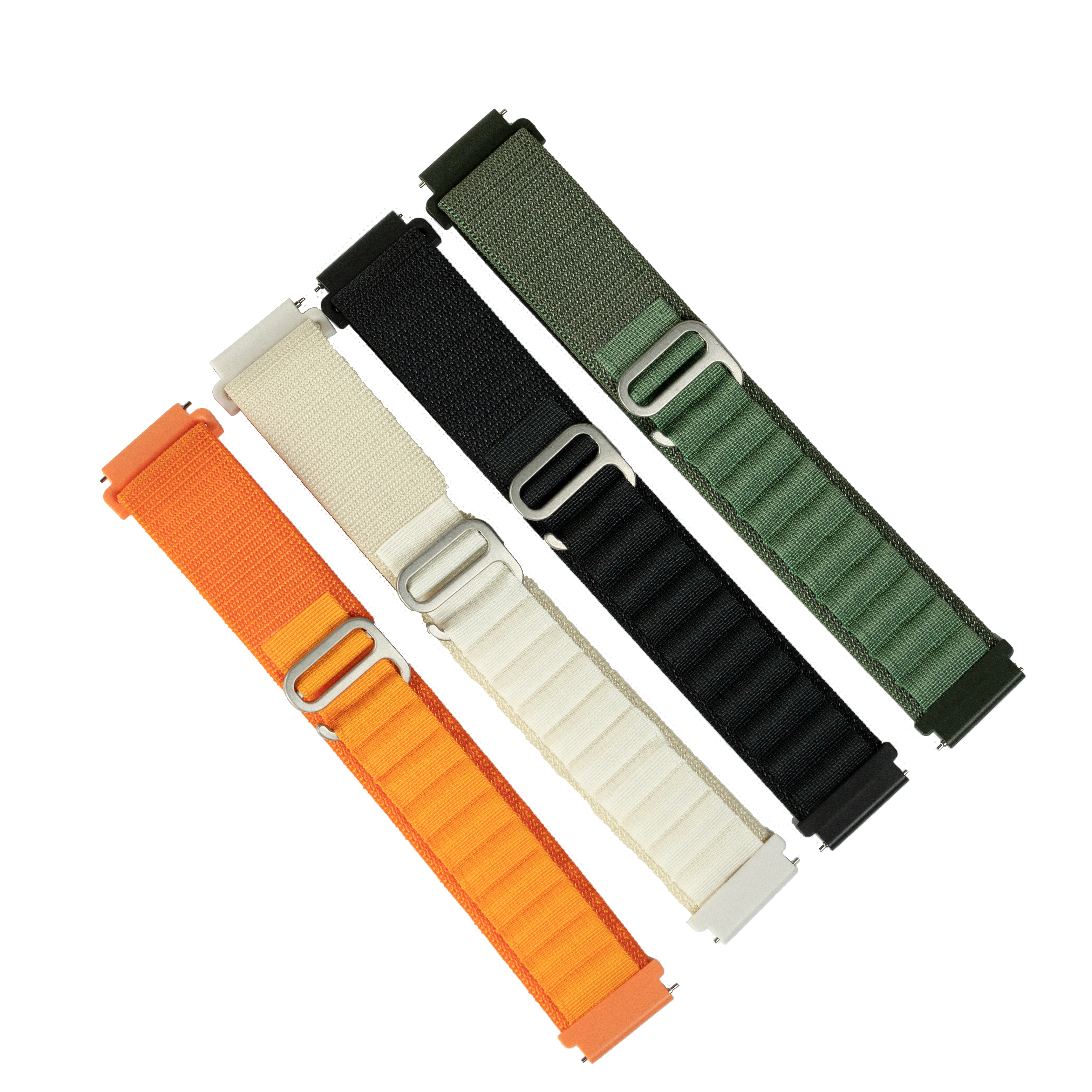 Quick release Alpine loop watch bands in orange, cream, black, and sage green with metal buckles