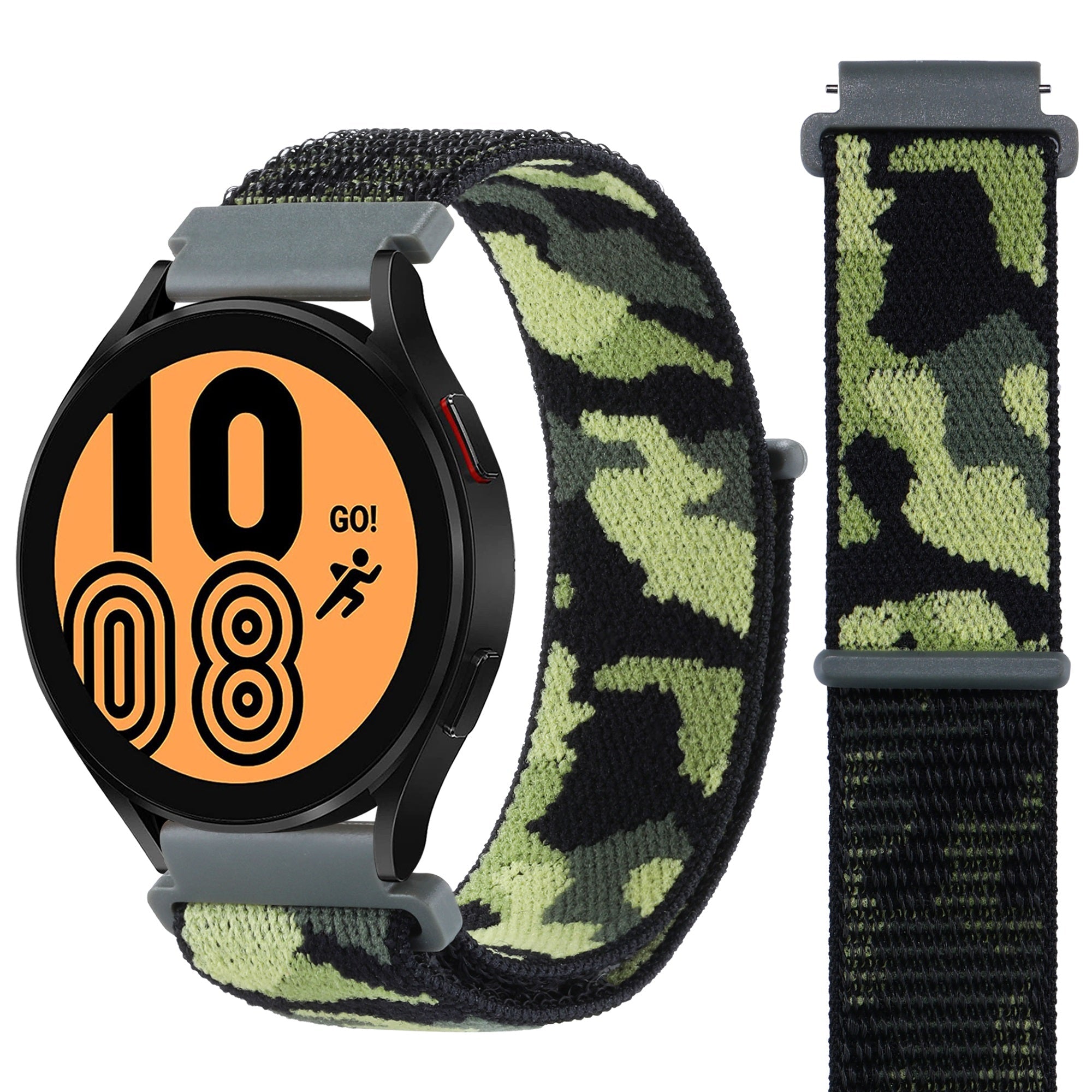 Black sports smartwatch with army camo green and black quick release velcro loop band and extra replacement strap included