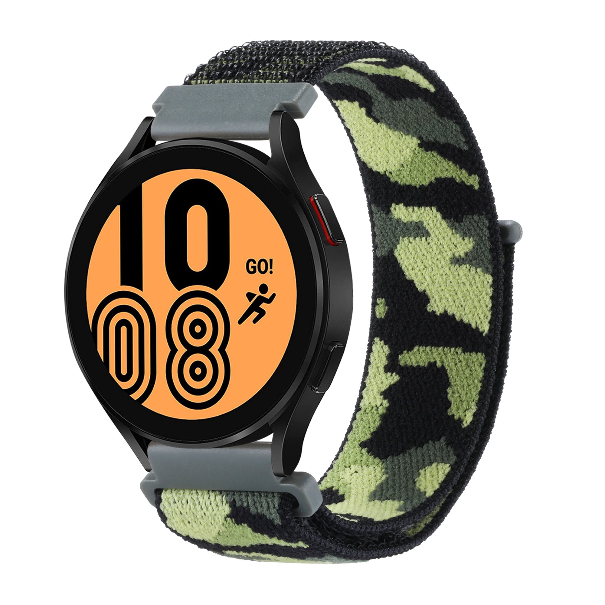 Black sports smartwatch with orange 10-GO fitness dial and army green camo fabric velcro quick-release loop band