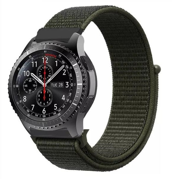 Sports smartwatch with olive green quick release velcro loop band and black chronograph face with red accents