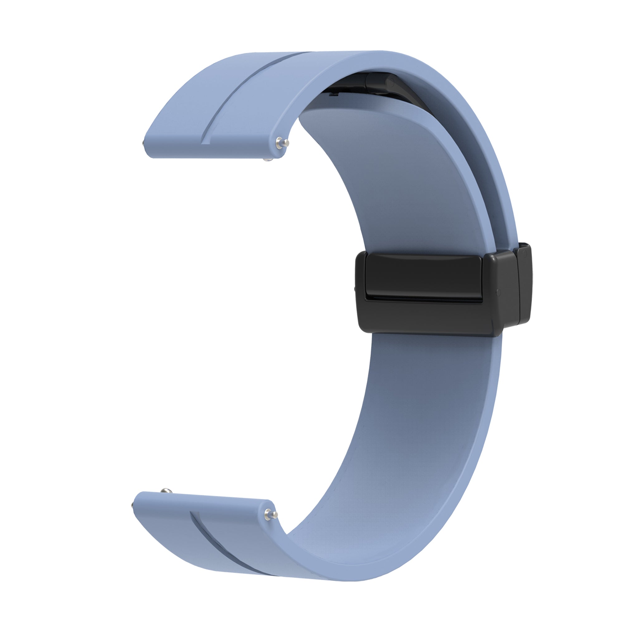 Blue silicone watch band with quick release pins and black magnetic clasp closure