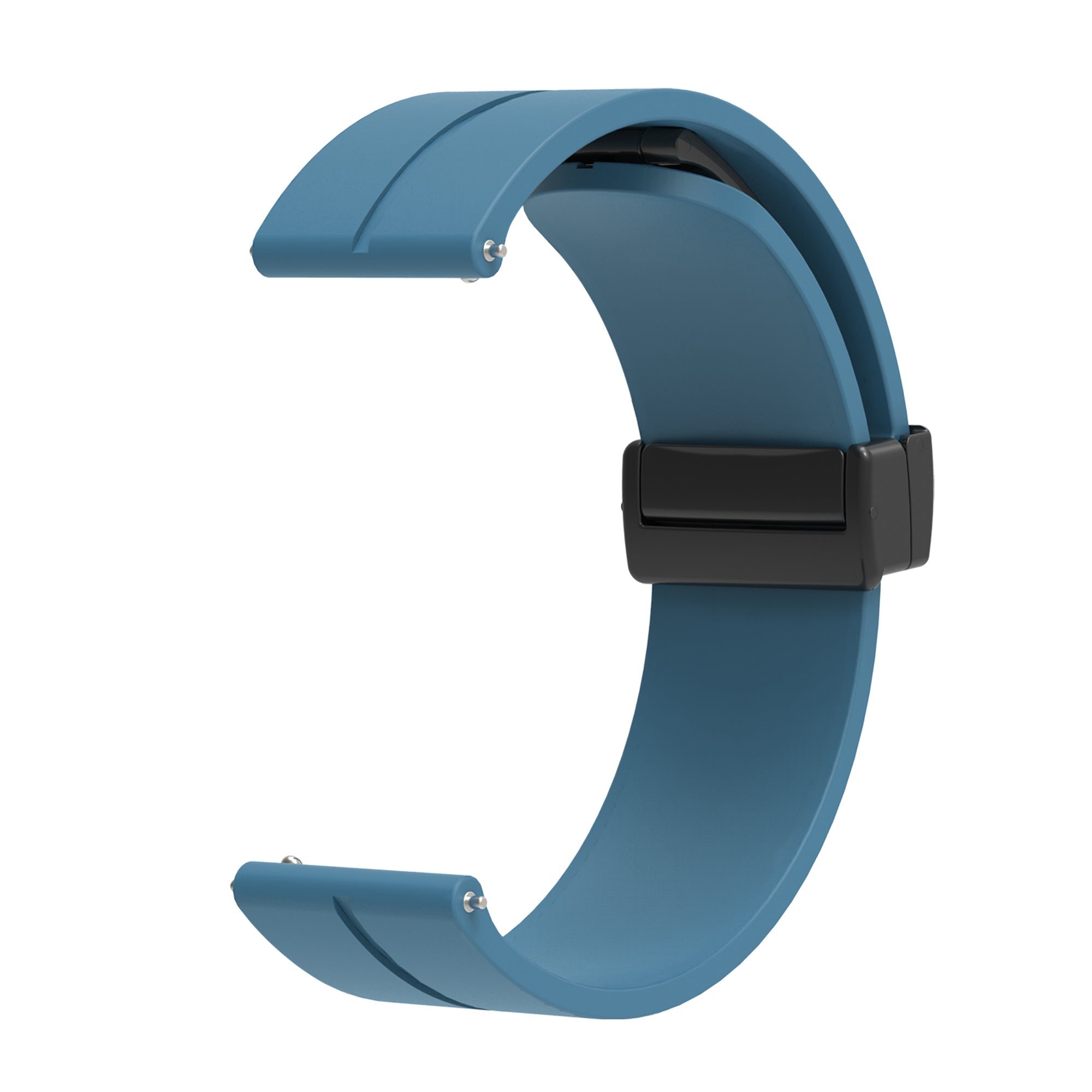 Blue silicone smartwatch band with quick release feature and black magnetic clasp closure