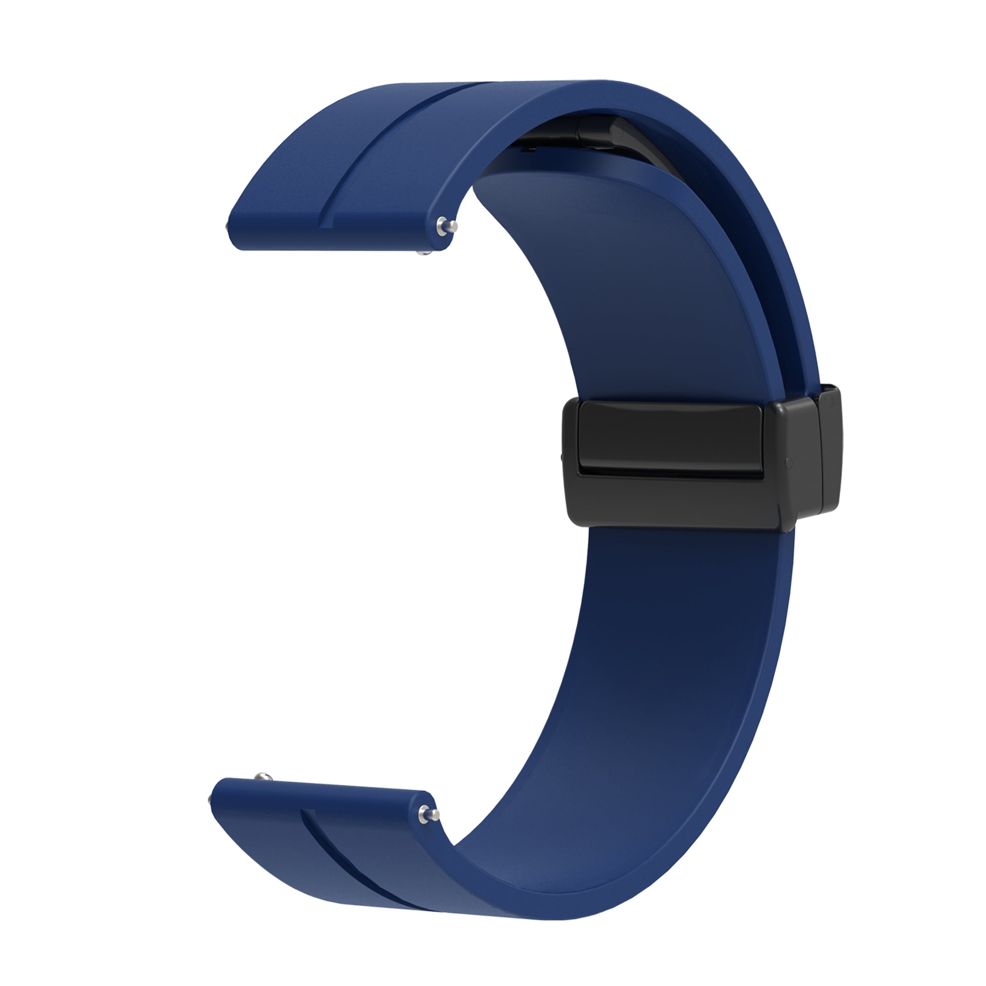 Navy blue silicone watch band with quick release pins and black magnetic clasp closure