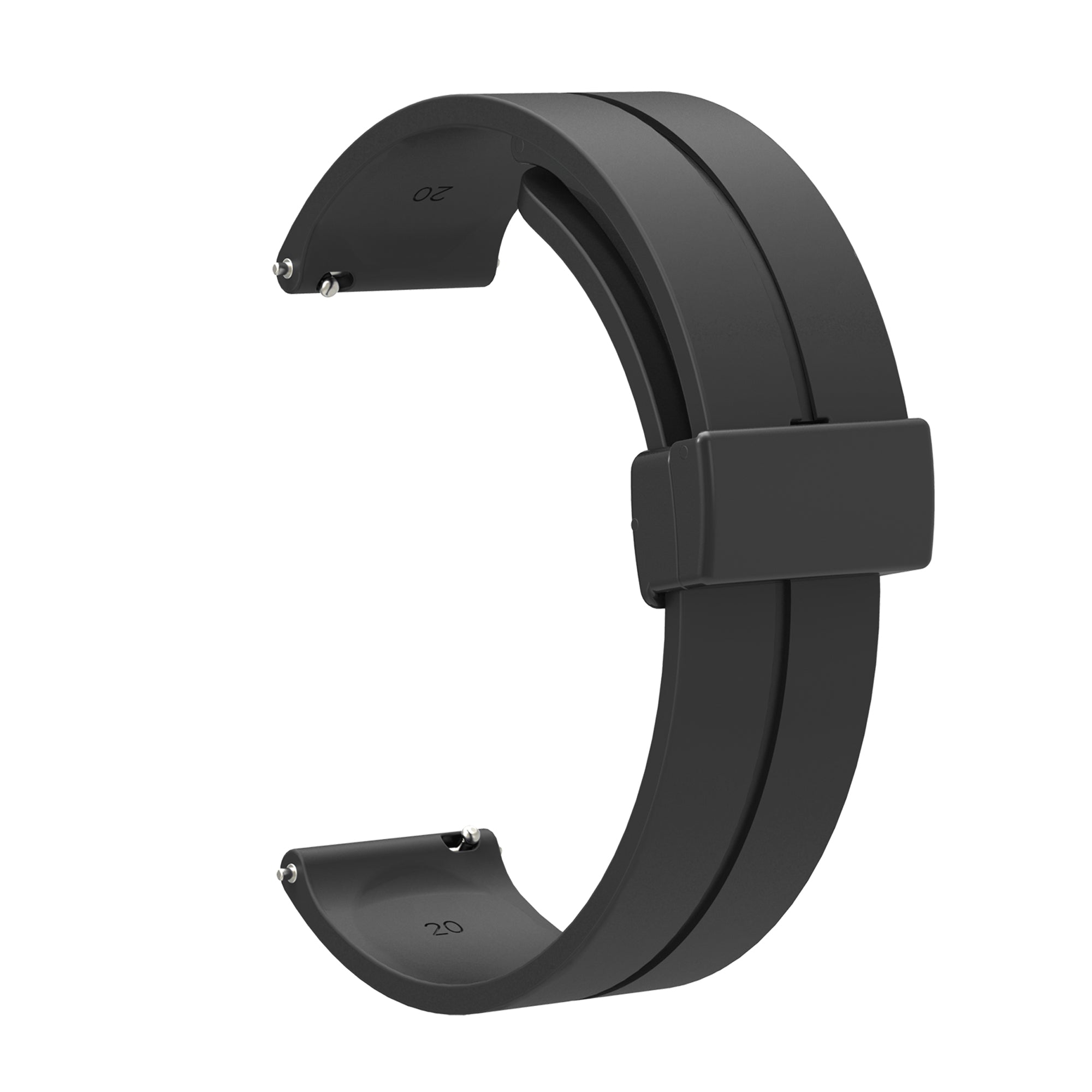 Black silicone quick release watch band with magnetic clasp closure and adjustment holes