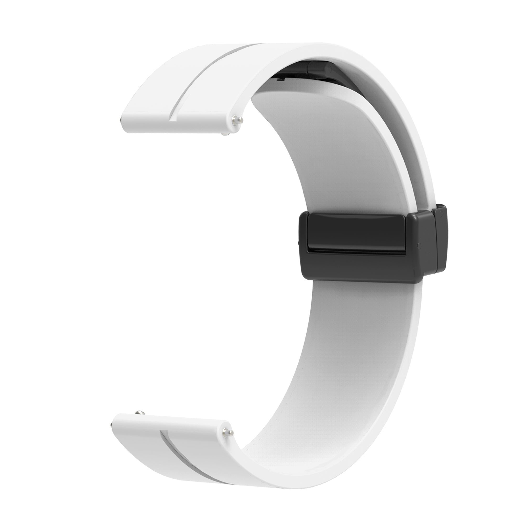 White silicone watch band with quick release pins and black magnetic clasp closure