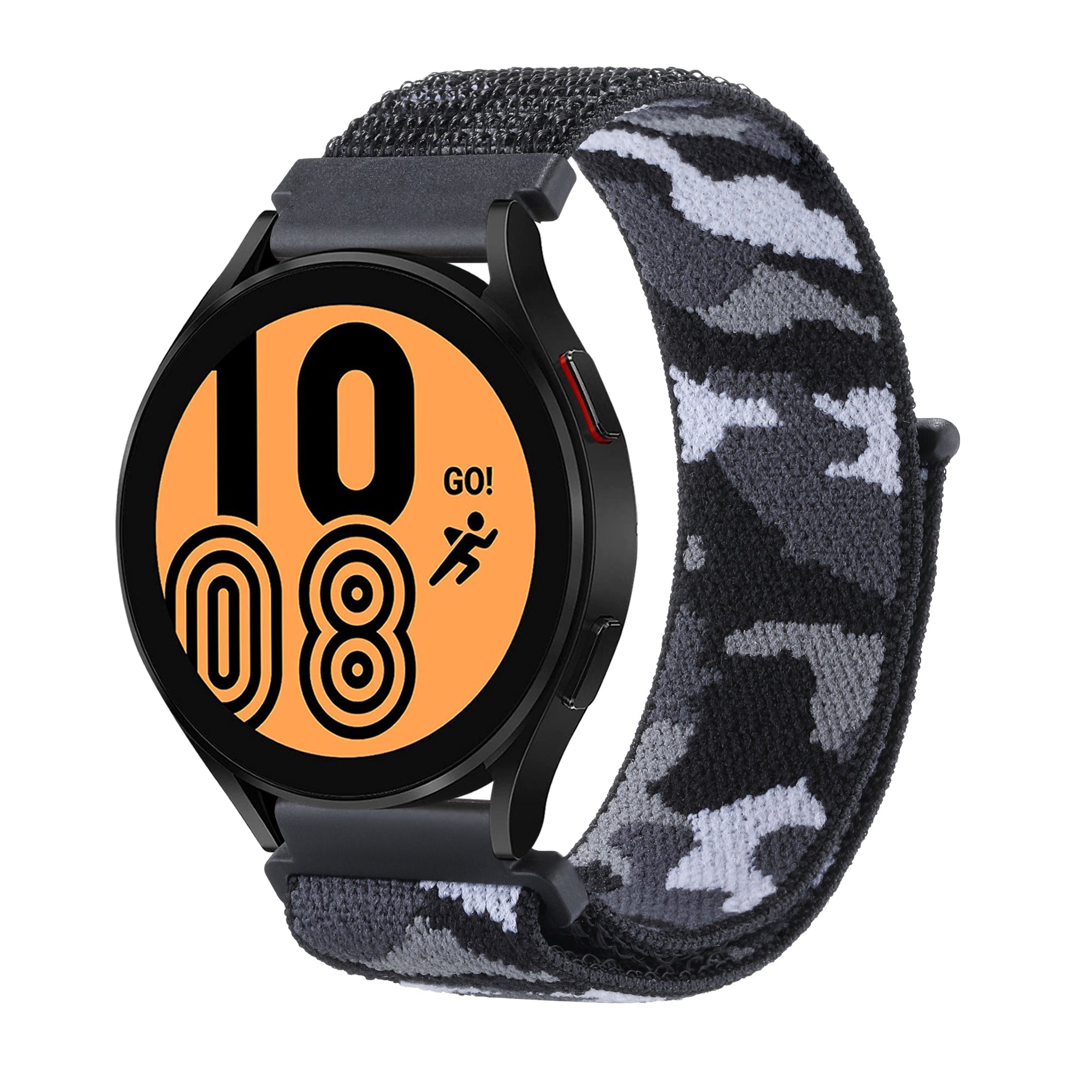 Black smartwatch with orange display showing "10 GO" and running icon, featuring black and gray camouflage quick-release sports loop band with velcro closure
