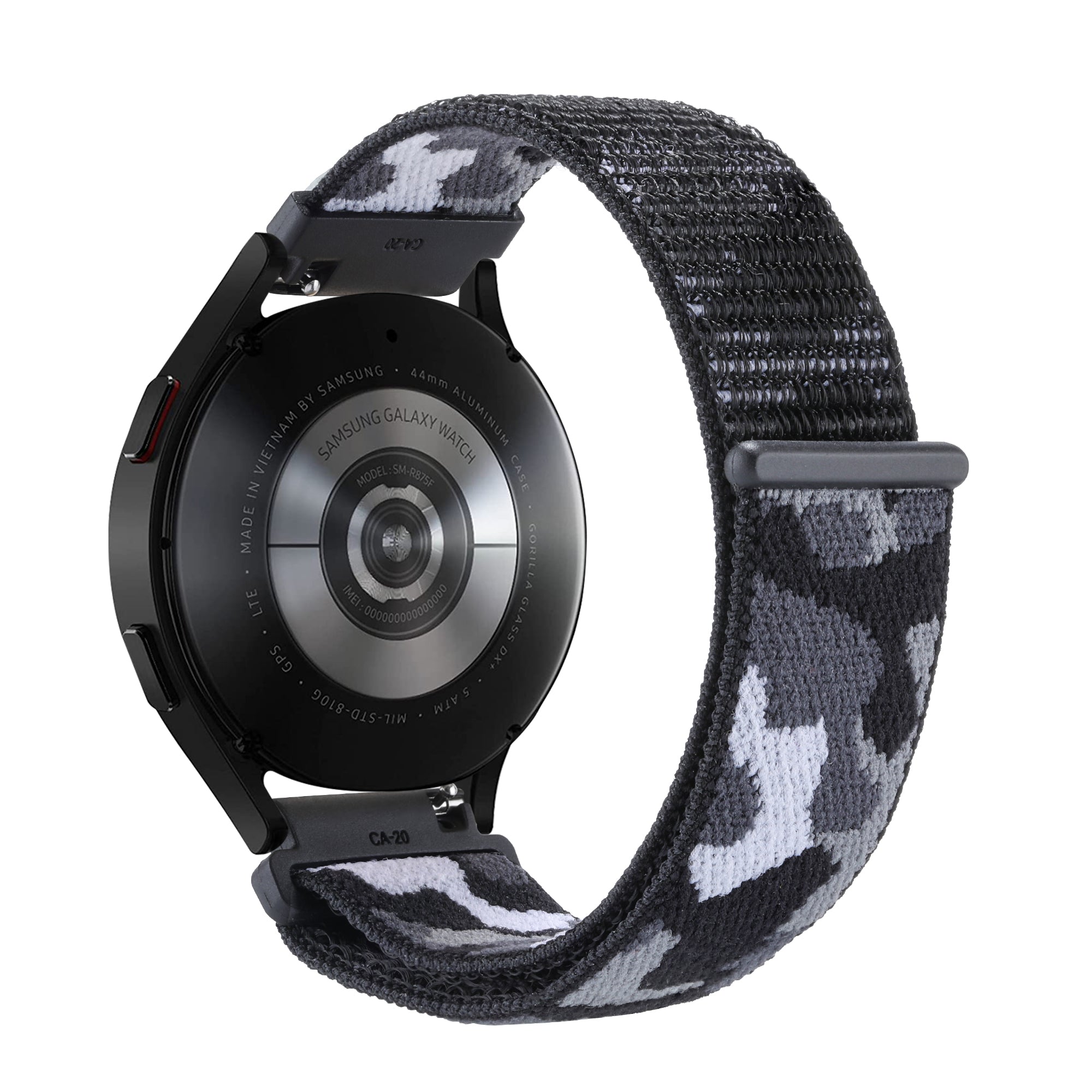 Black smartwatch with round face and digital camouflage velcro sports loop band, quick release strap
