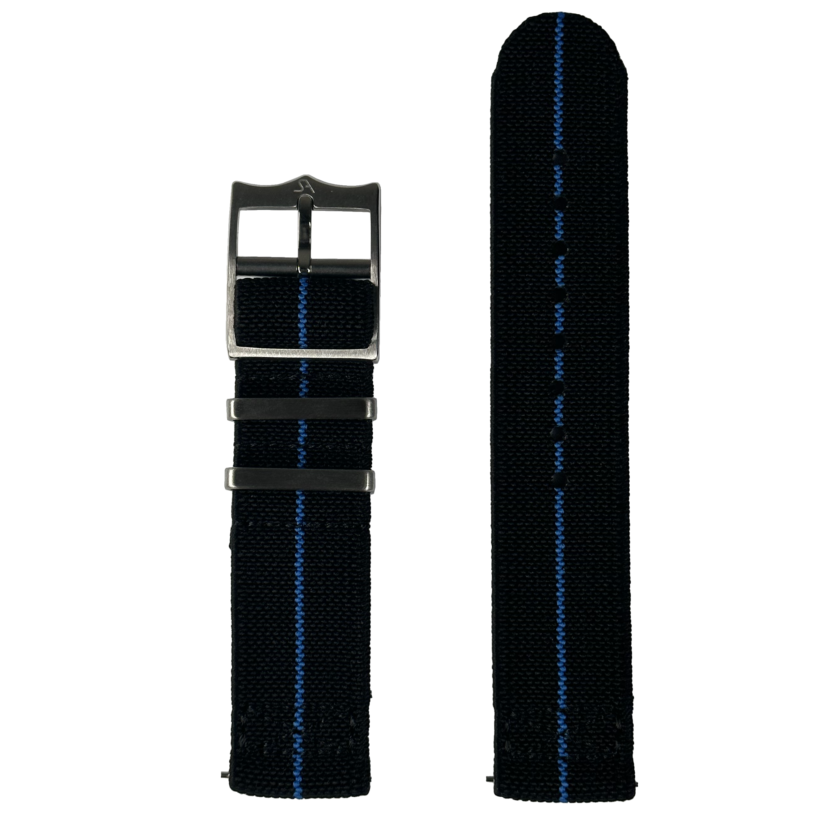 Black fabric watch strap with blue stripe and metal buckle, 26mm QuickFit ElastoFlex band shown assembled and unattached
