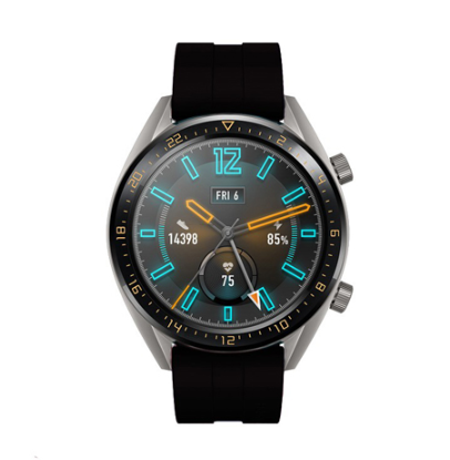 Stainless steel smartwatch with black silicone band displaying turquoise digital dial and health metrics on dark screen