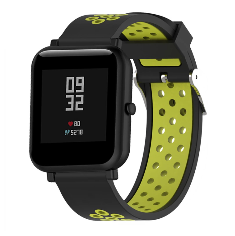 Black and neon yellow perforated silicone sports watch band with quick release pins for Amazfit Pace smartwatch