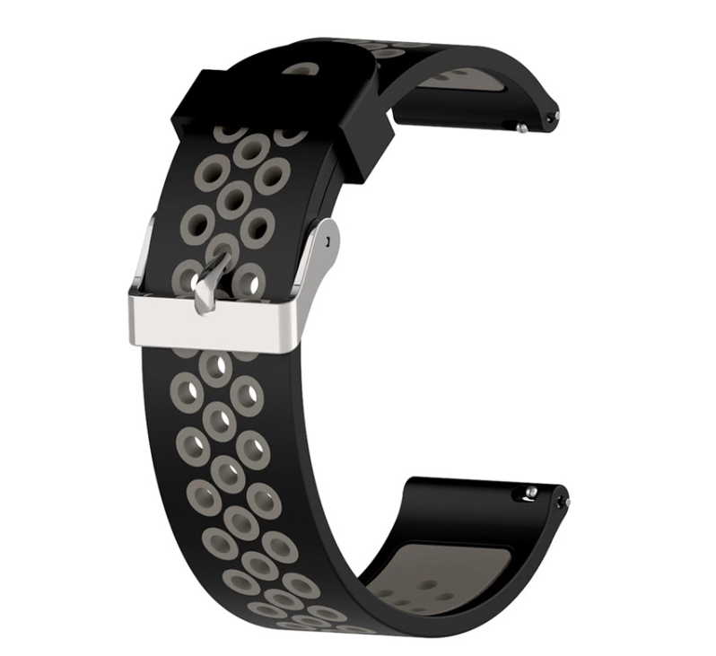 Black and gray perforated silicone sports watch band with quick release mechanism and silver clasp