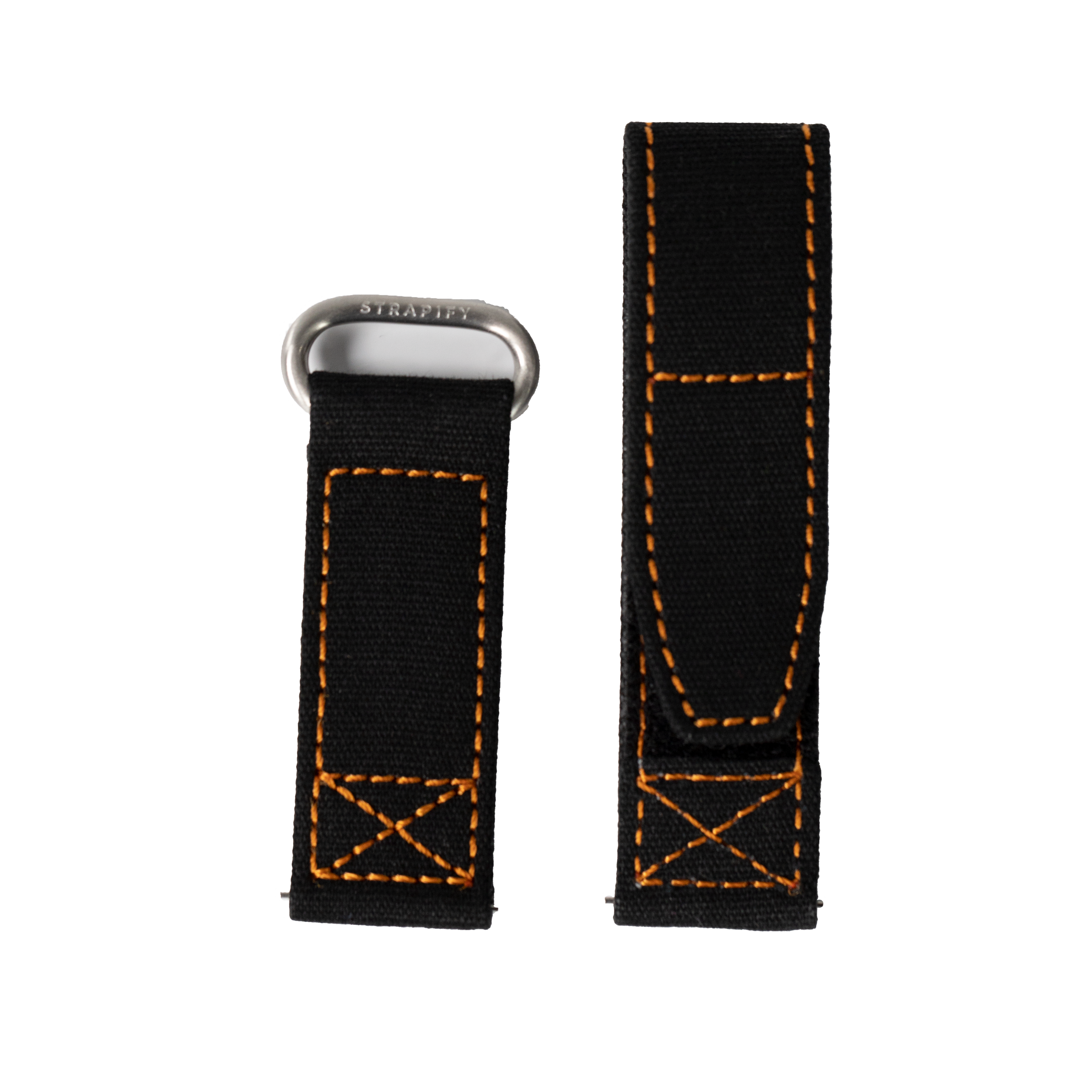 Military-style watch strap in black with orange stitching and silver QuickFit buckle hardware