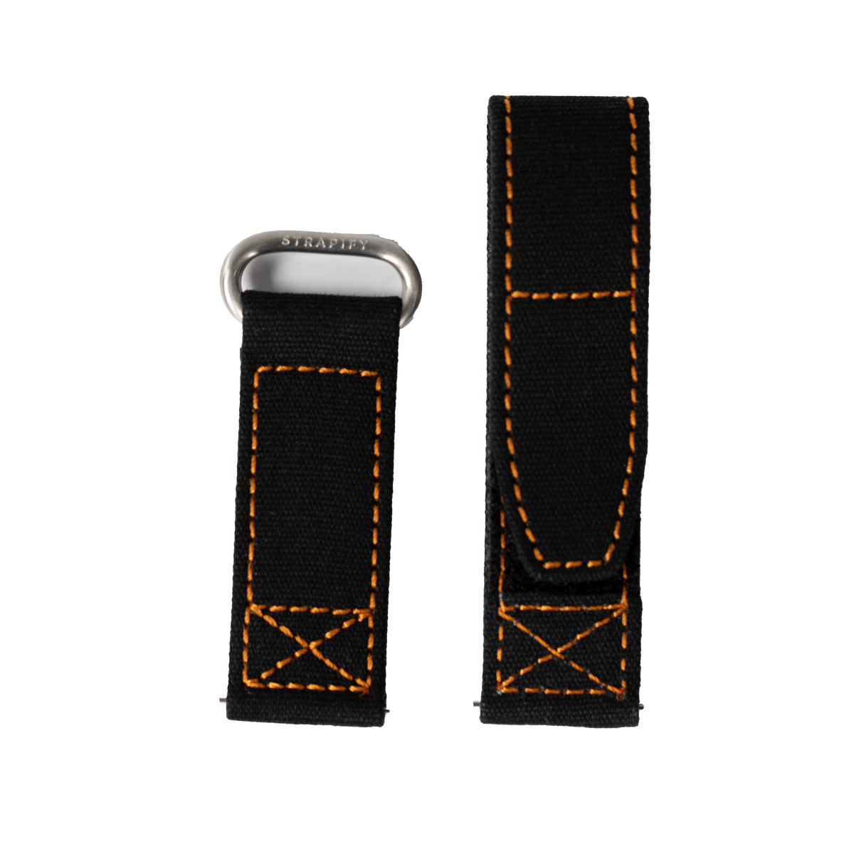 Black canvas Apple Watch band with orange stitching and metal Strapify buckle