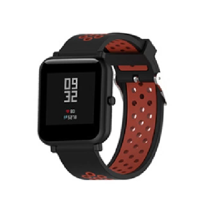 Black and red perforated silicone sports watch band with quick release mechanism for smart watch