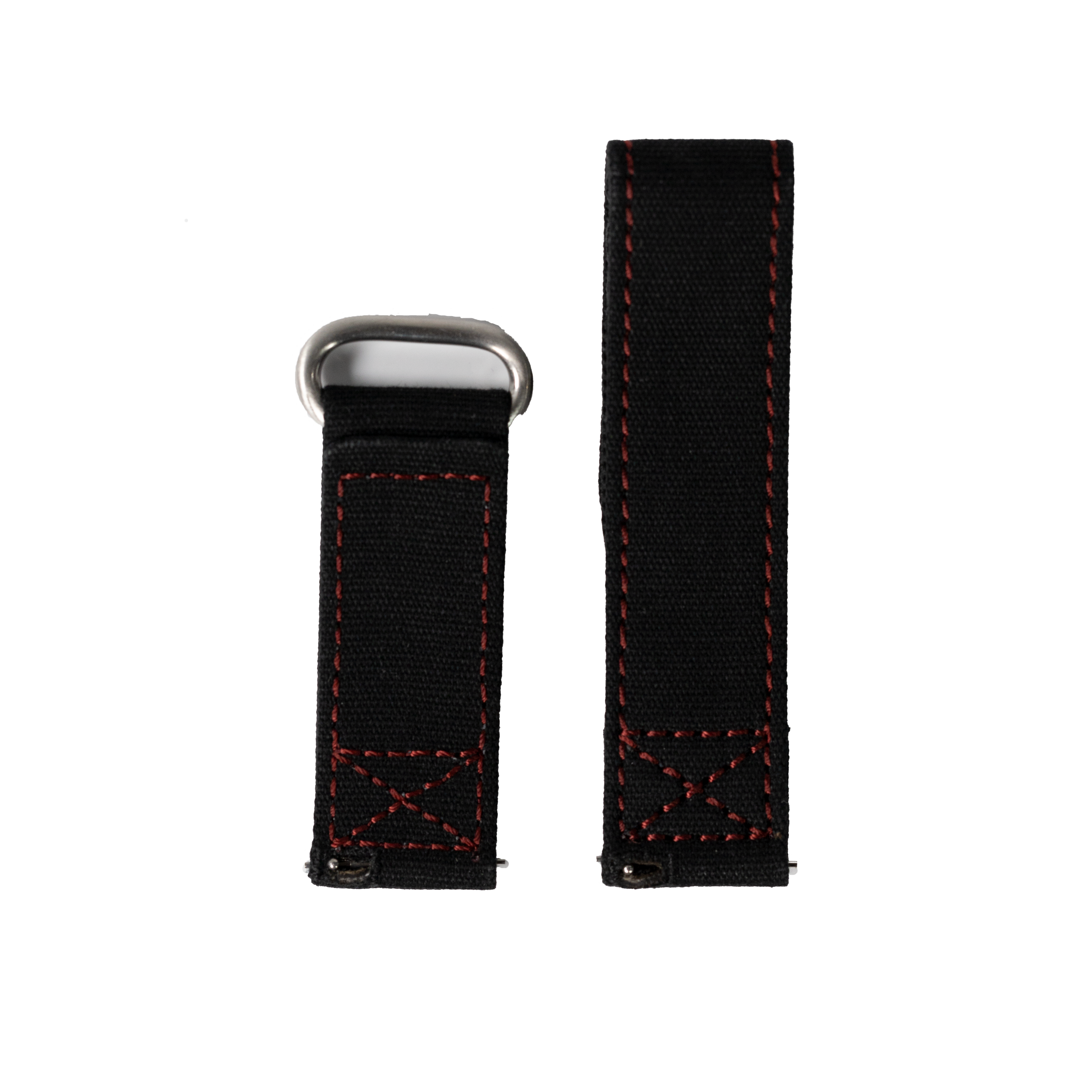 Black and red military quick release watch strap with velcro closure and stainless steel hardware
