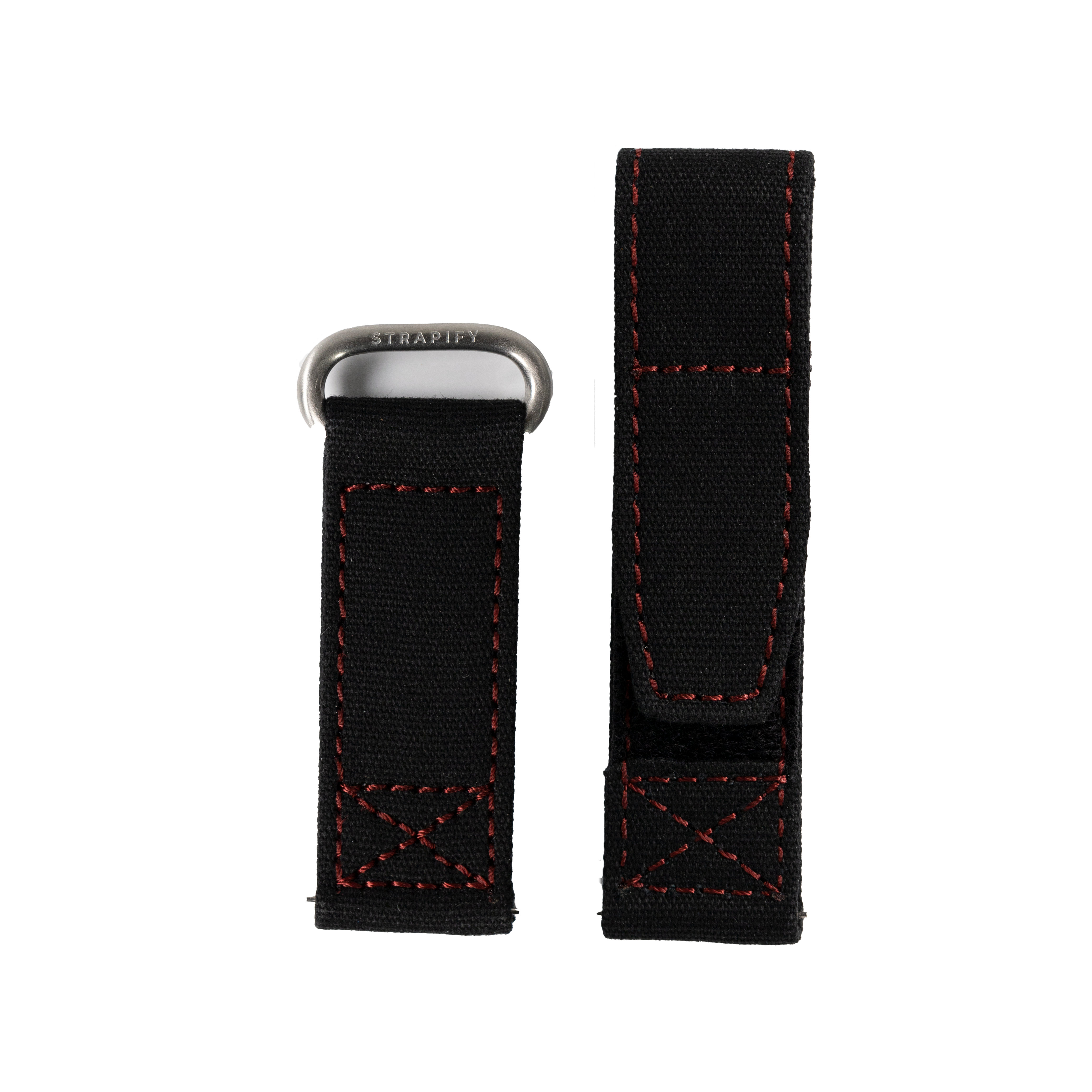Black QuickFit military velcro watch strap 22mm with red stitching and silver buckle hardware