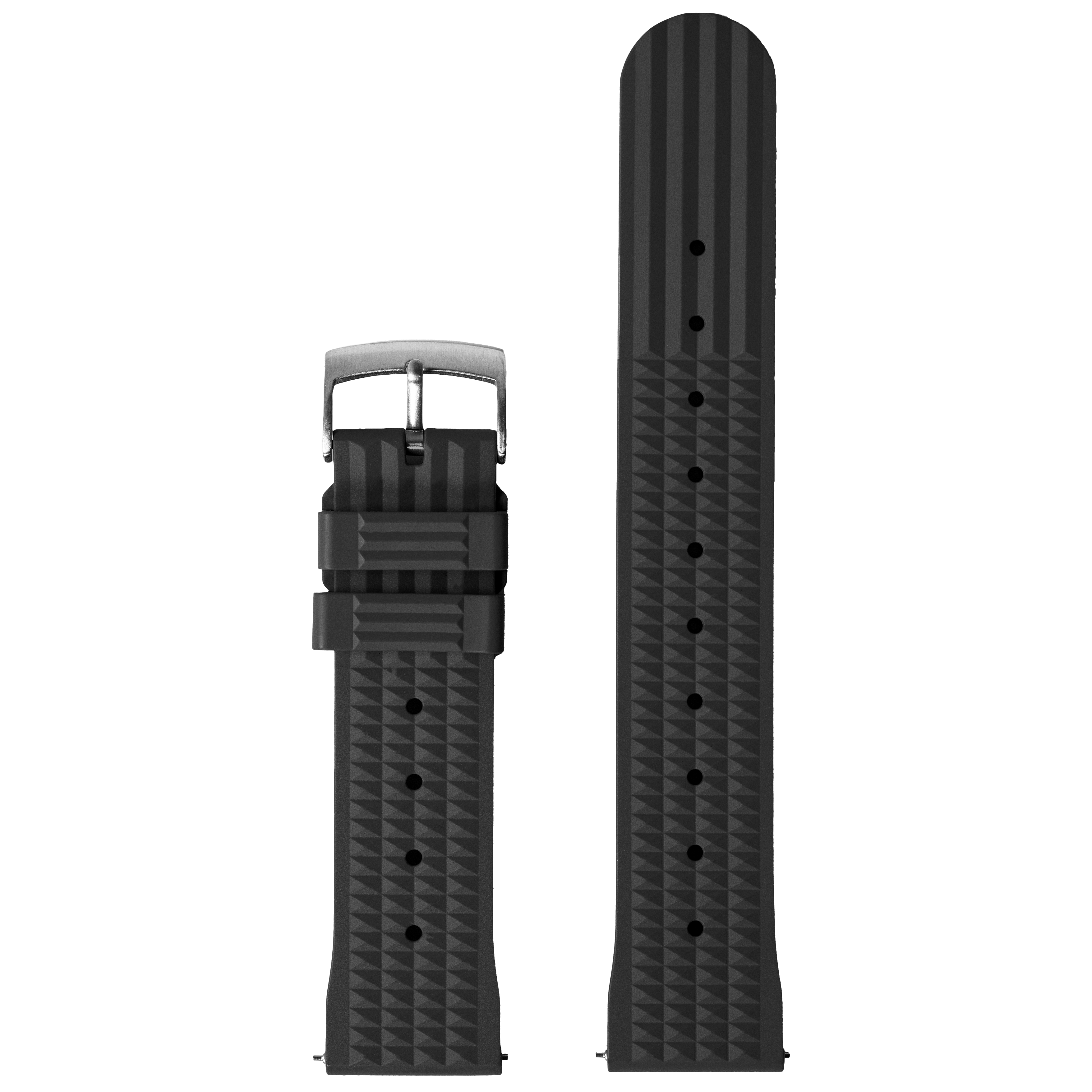 Black rubber watch strap with textured waffle pattern and quick release mechanism, shown with gunmetal buckle