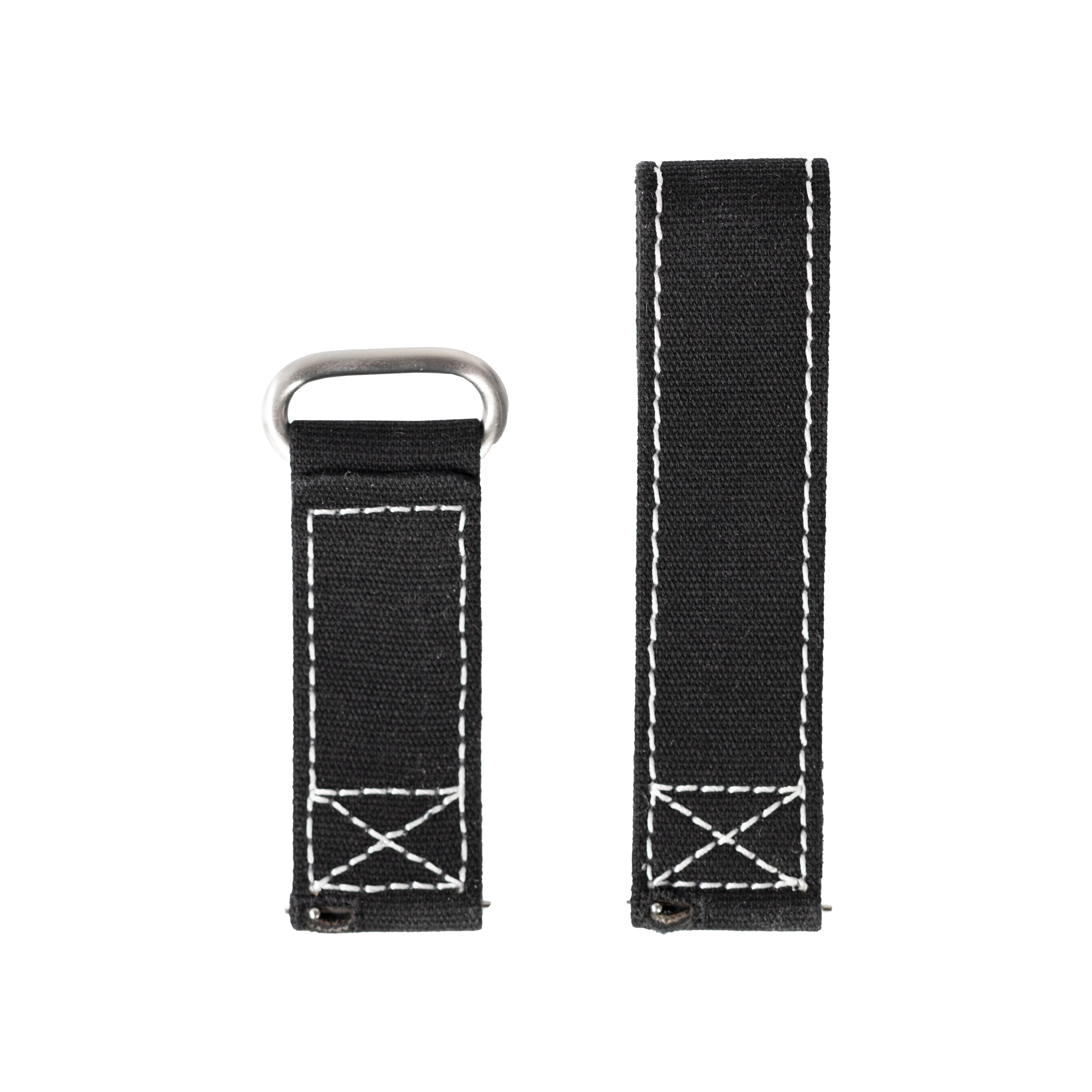 Black canvas quick release tactical strap with metal loop and white contrast stitching detail